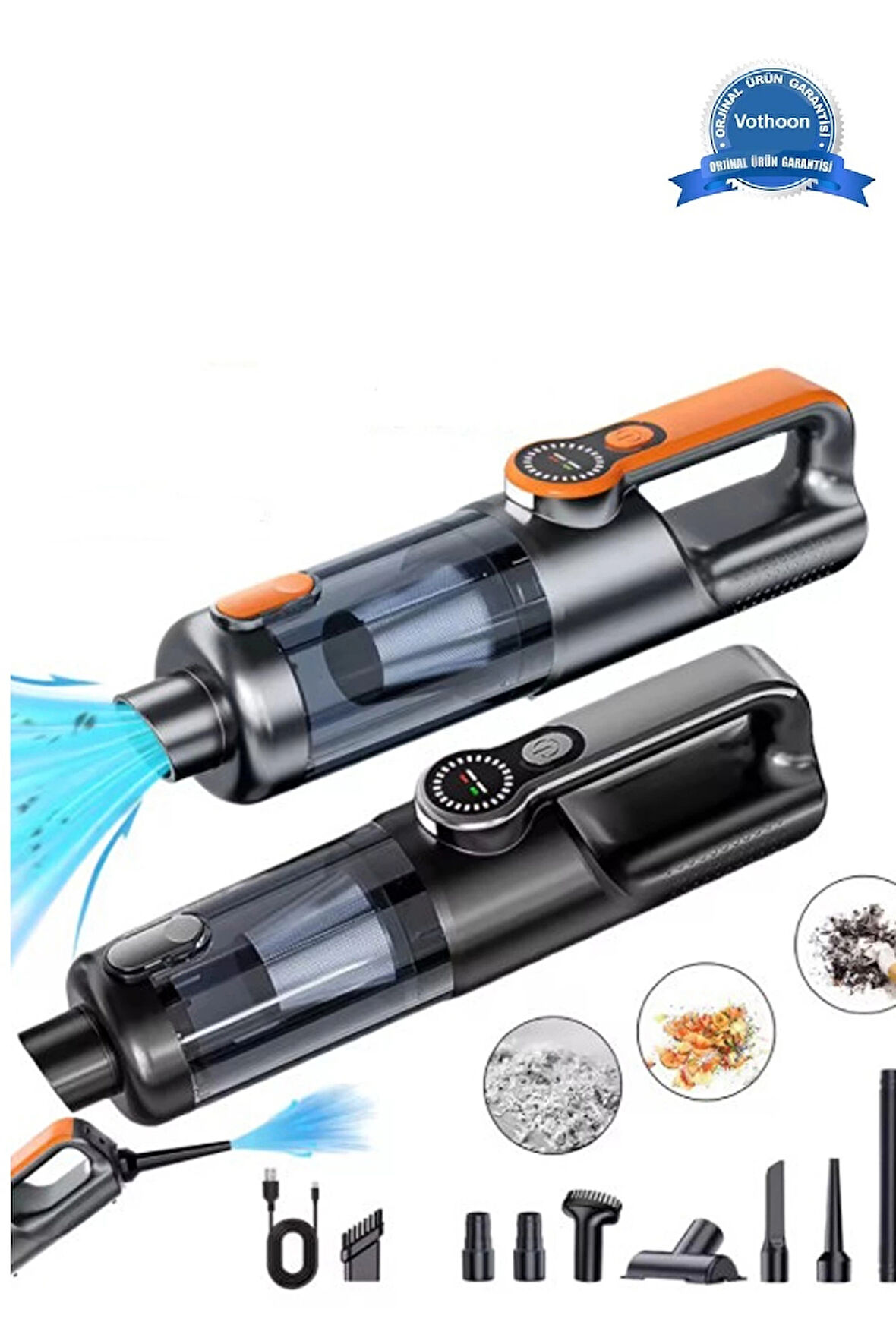 Işıklı Araç Süpürgesi Kablosuz 22.000 Pascal Çekim Gücü Vakum ve Üfleme 2in1 10Başlık Metal Filtreli