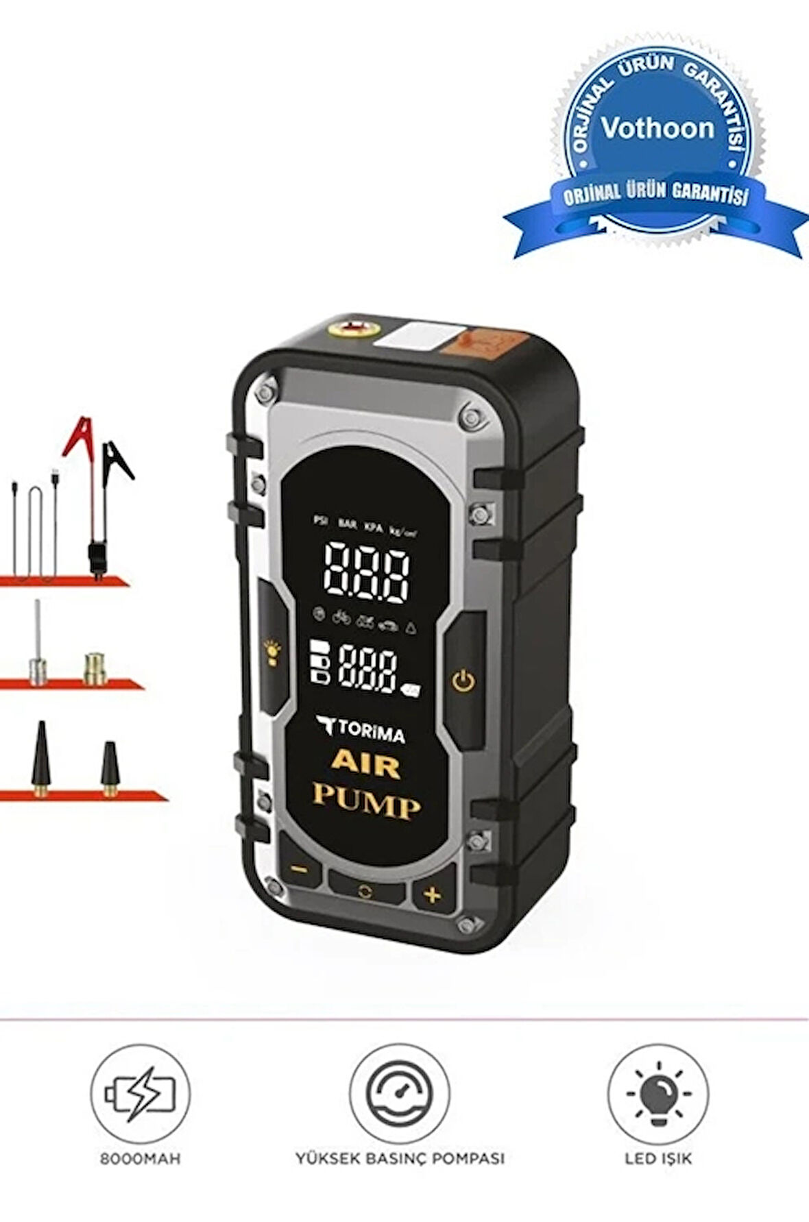 8000 Mah Taşnabilir Dijital Ekranlı Araç Akü Takviyeli,Powerbank,Işıklı Oto Hava Kompresörü