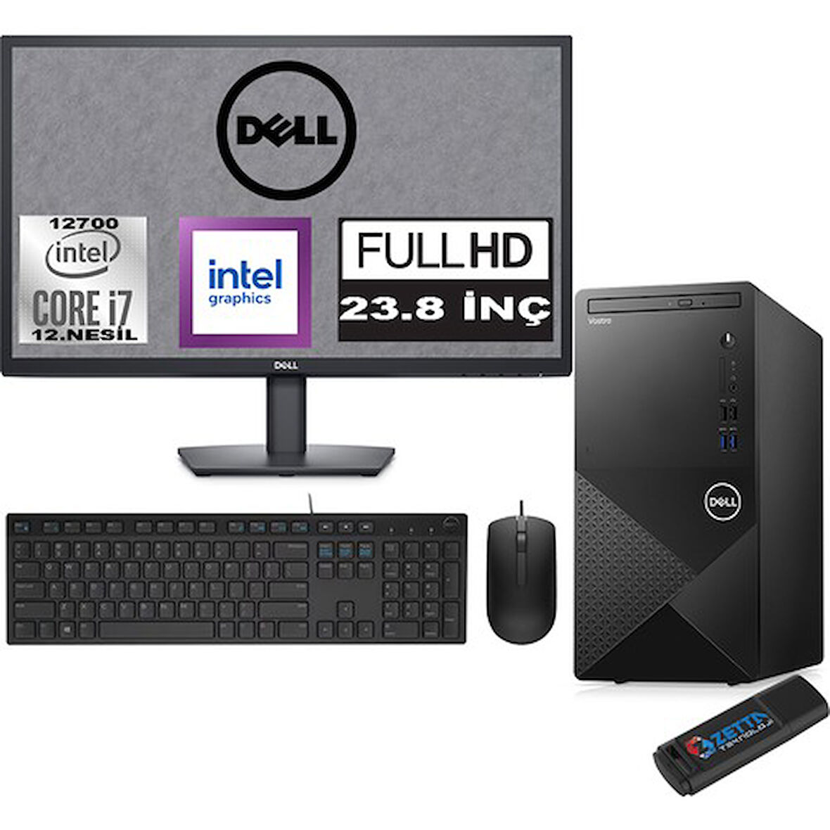 Dell Vostro 3910 MT Intel Core I7 12700 24GB 4TB SSD 23.8" FHD Ubuntu Intel® UHD Graphics 770 Masaüstü Bilgisayar 23N3910EMEAU15 + Zetta USB Bellek