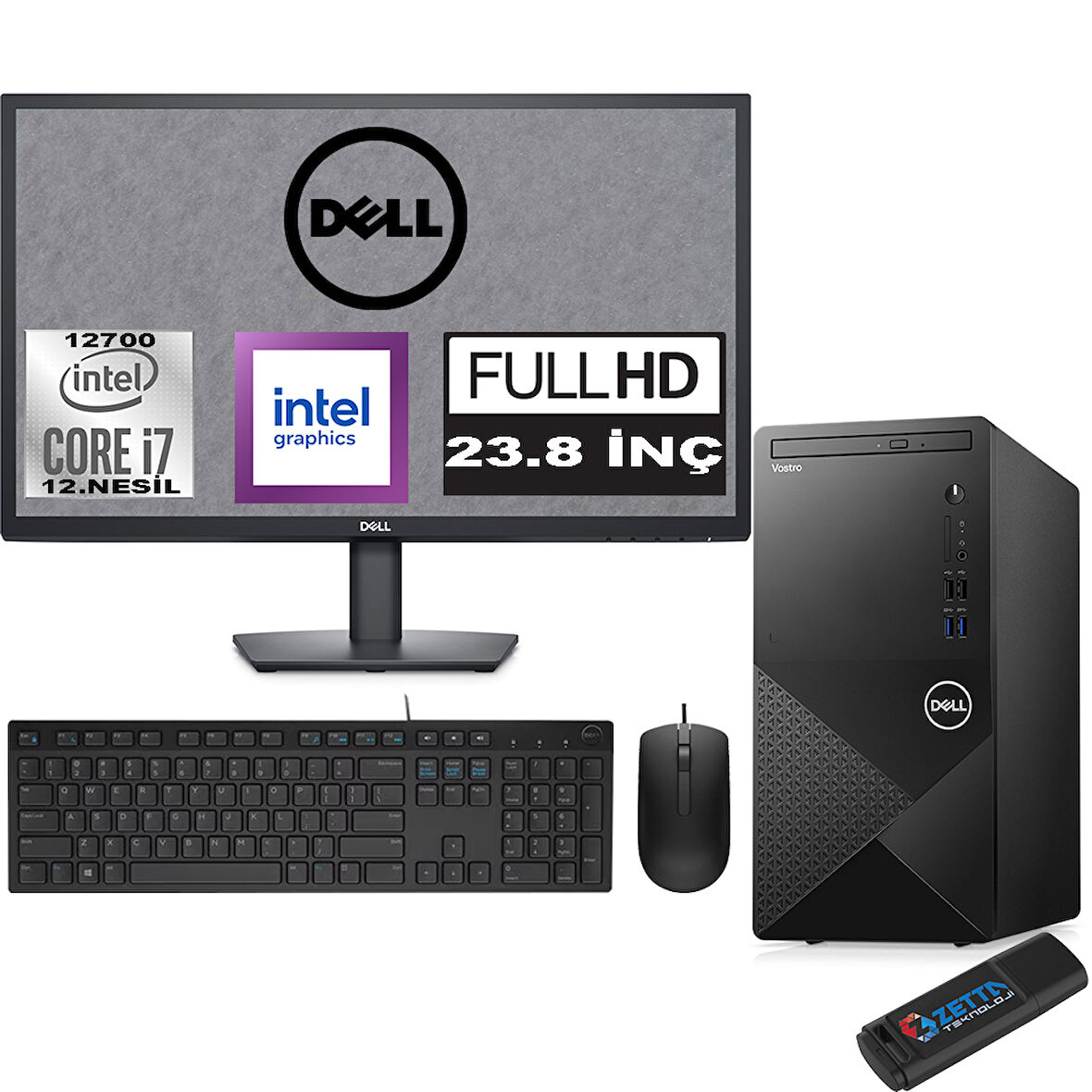 Dell Vostro 3910 MT Intel Core I7 12700 48GB 2TB SSD 23.8" FHD Windows 11 Home Intel® UHD Graphics 770 Masaüstü Bilgisayar 23N3910EMEAH24 + Zetta USB Bellek