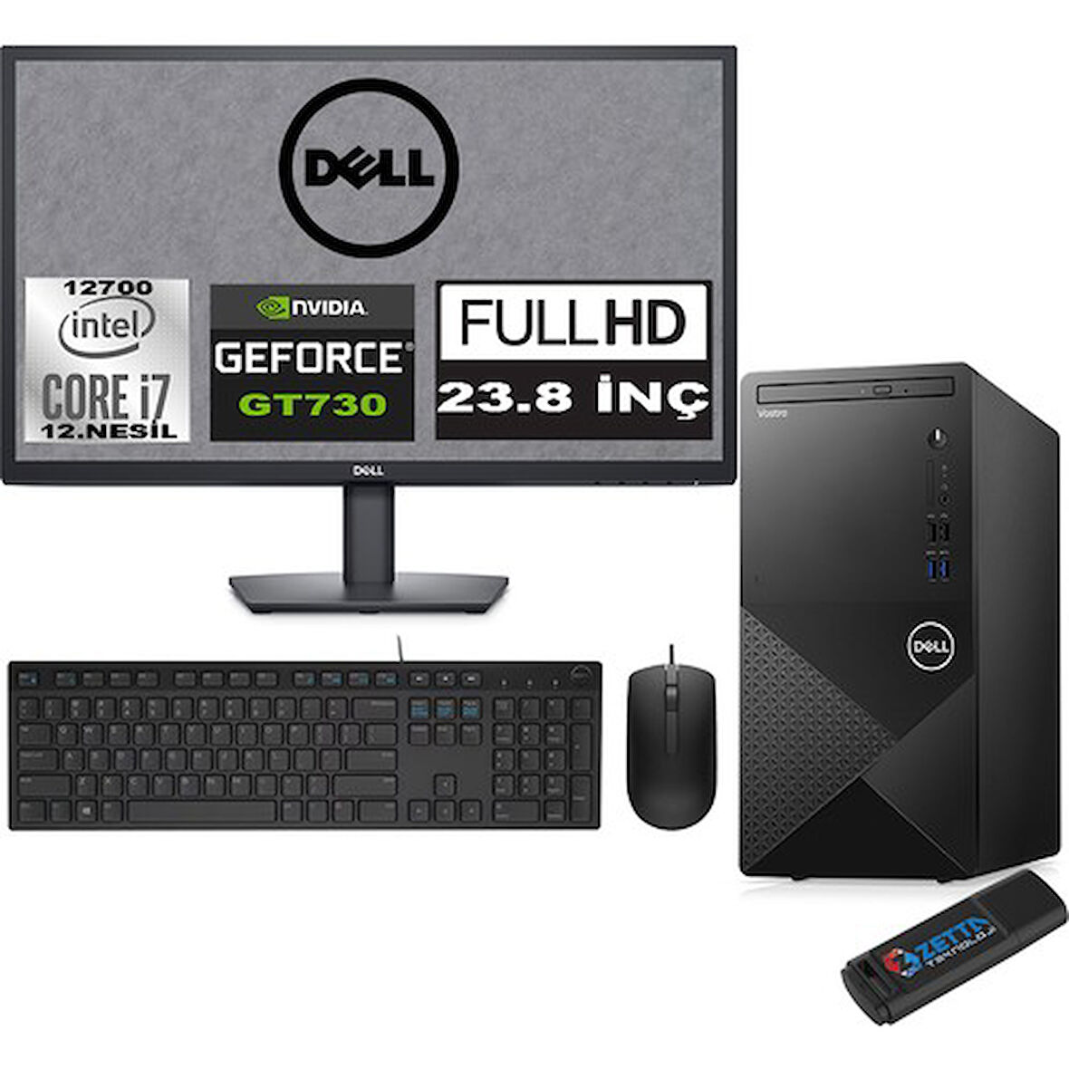 Dell Vostro 3910 MT Intel Core I7 12700 64GB 2TB SSD 23.8" FHD Windows 11 Pro Nvidia GT730-4GB Masaüstü Bilgisayar 23N3910GT730P29 + Zetta USB Bellek