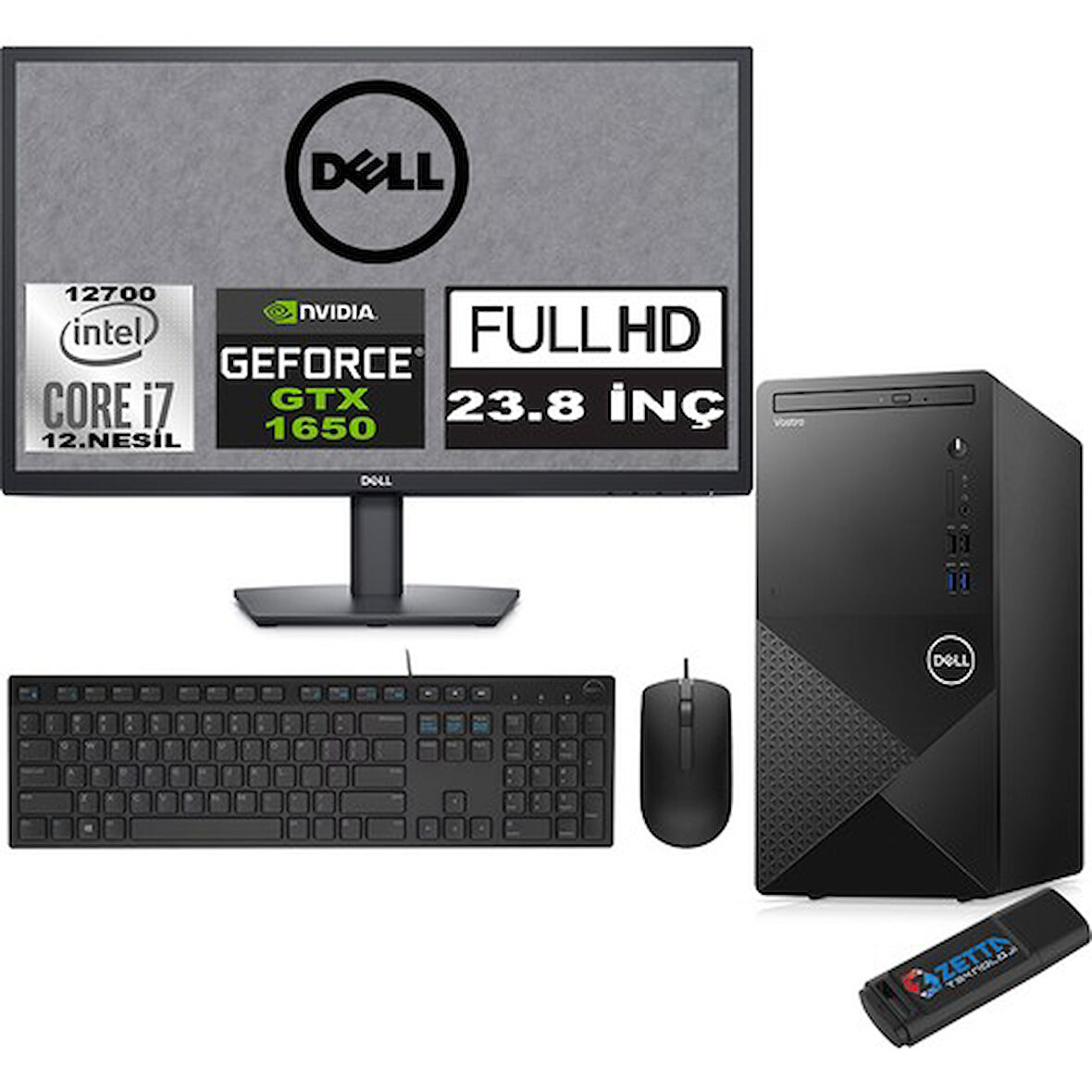 Dell Vostro 3910 MT Intel Core I7 12700 12GB 4TB SSD 23.8" FHD Ubuntu Nvidia Nvidia GTX1650-4GB Masaüstü Bilgisayar 23N3910GTX1650U05 + Zetta USB Bellek