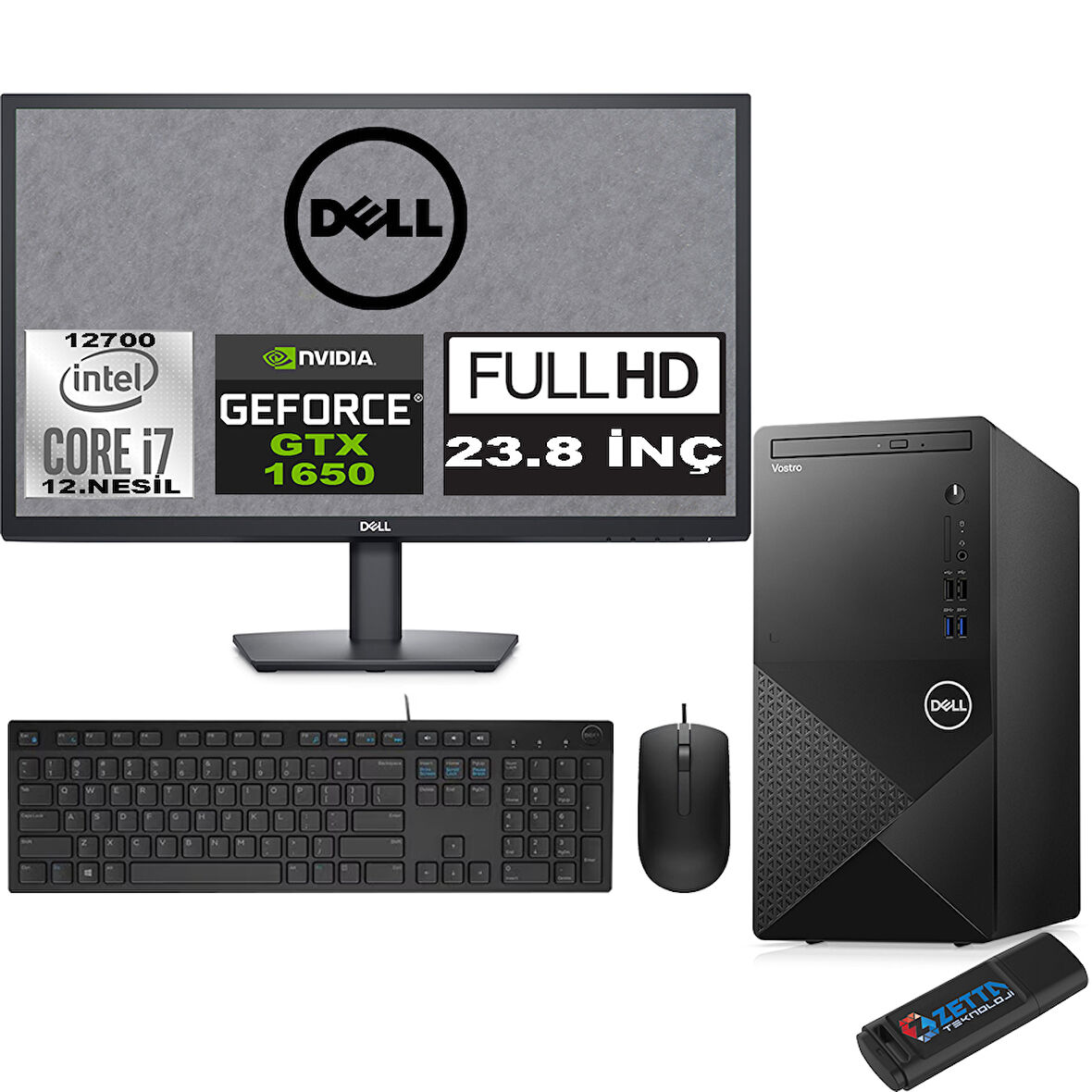 Dell Vostro 3910 MT Intel Core I7 12700 64GB 256GB SSD 23.8" FHD Windows 11 Pro Nvidia Nvidia GTX1650-4GB Masaüstü Bilgisayar 23N3910GTX1650P26 + Zetta USB Bellek