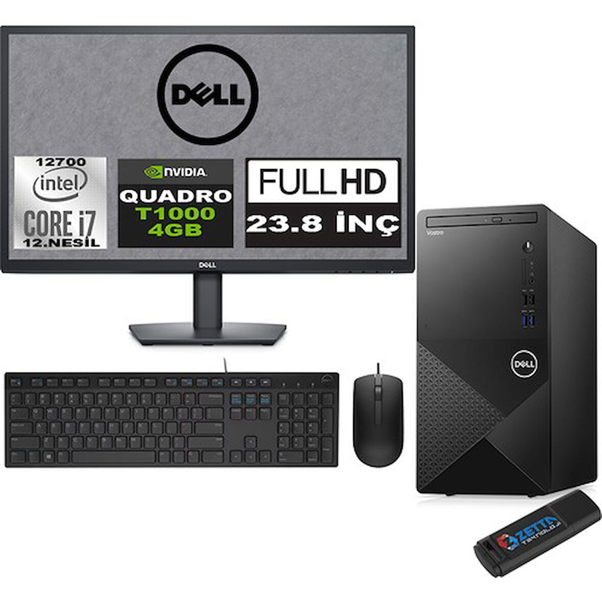 Dell Vostro 3910 MT Intel Core I7 12700 64GB 4TB SSD 23.8" FHD Ubuntu QUADRO T1000-4GB Masaüstü Bilgisayar 23N3910T1000U30 + Zetta USB Bellek