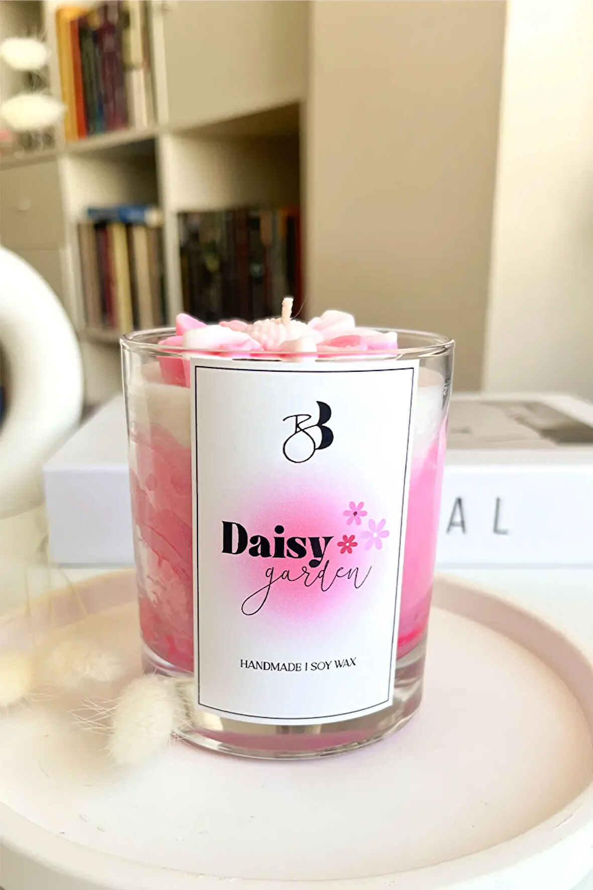 Papatya Kokulu %100 Doğal El Yapımı Pembe Dekorasyon Soya Mumu