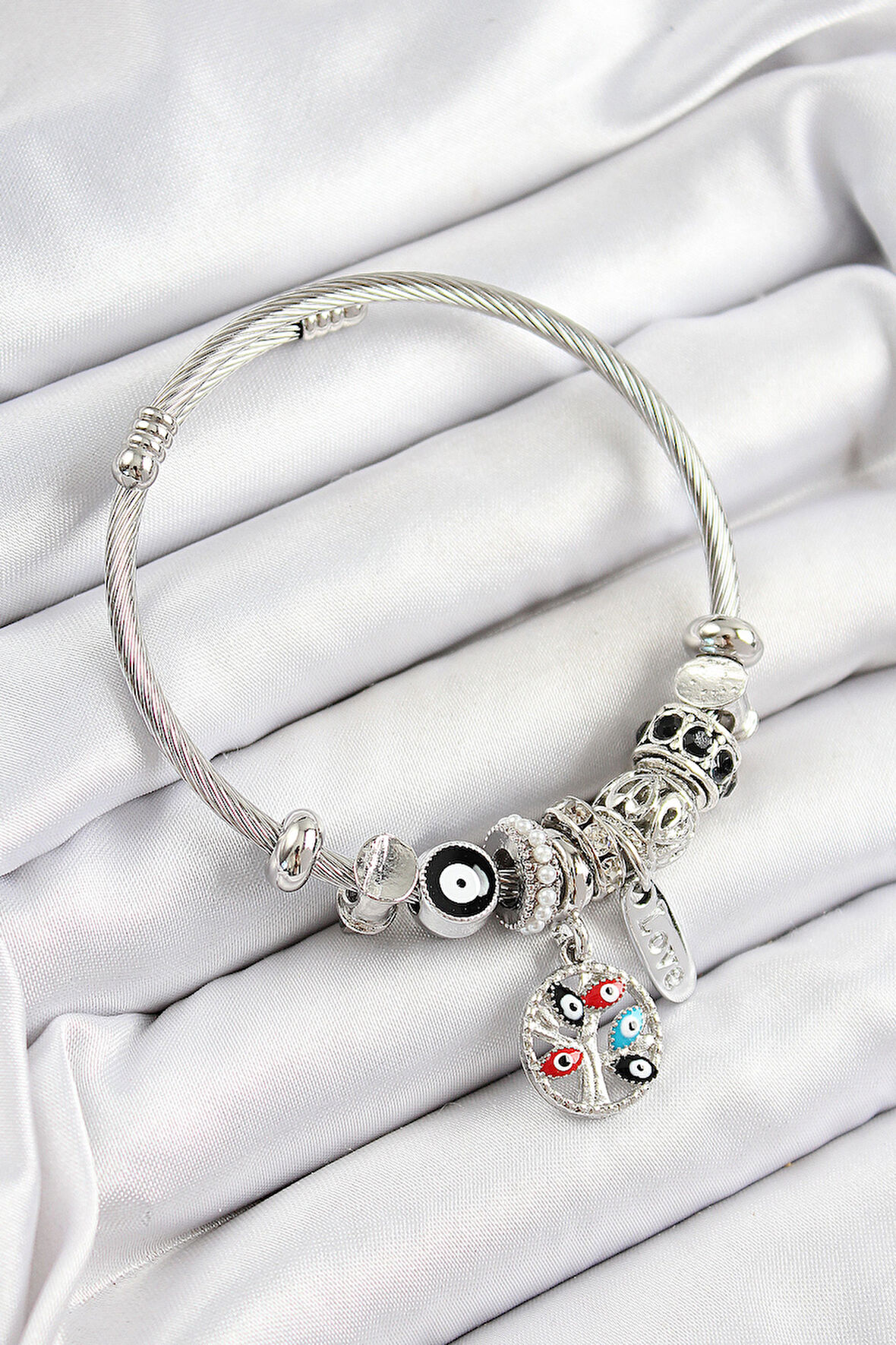 316L Çelik Siyah Nazarlı Zirkon Taşlı İnci Detaylı Hayat Ağacı Model Gümüş Renk Charm Bileklik