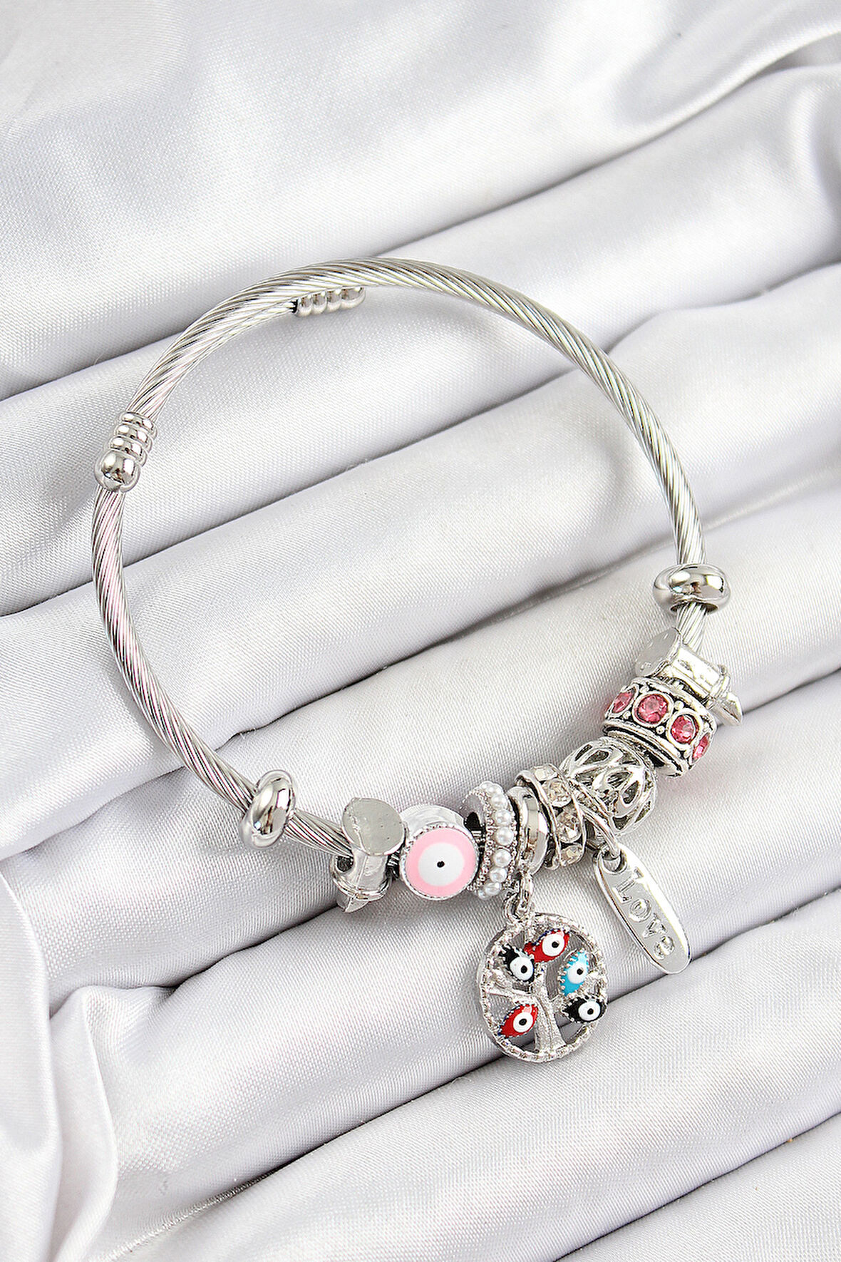 316L Çelik Pembe Nazarlı Zirkon Taşlı İnci Detaylı Hayat Ağacı Model Gümüş Renk Charm Bileklik