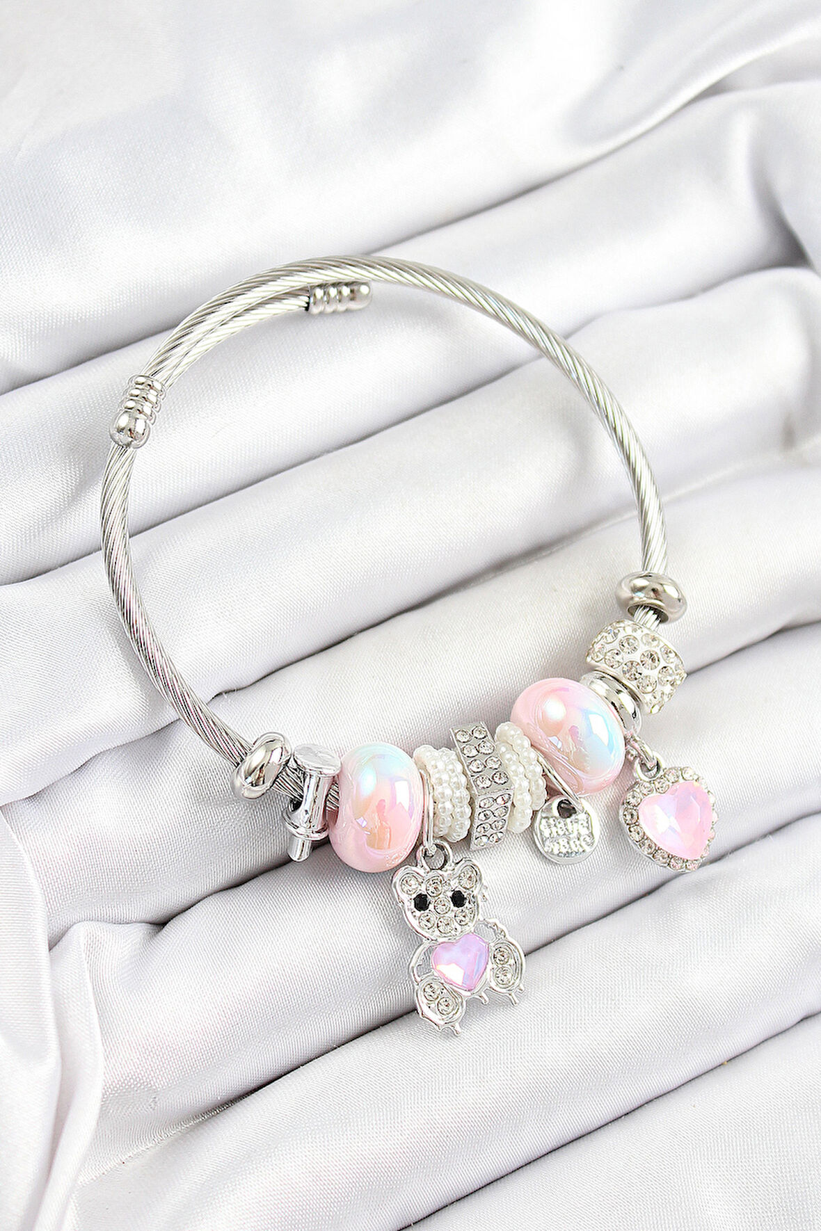 316L Çelik Pembe Zirkon Taşlı Ayıcık Ve Kalp Model Gümüş Renk Charm Bileklik
