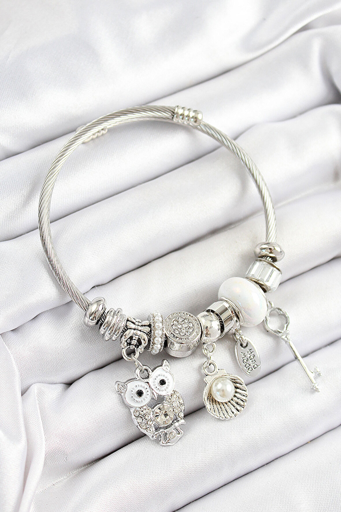 316L Çelik Beyaz Zirkon Taşlı Baykuş İstiridye Ve Anahtar Model Gümüş Renk Charm Bileklik