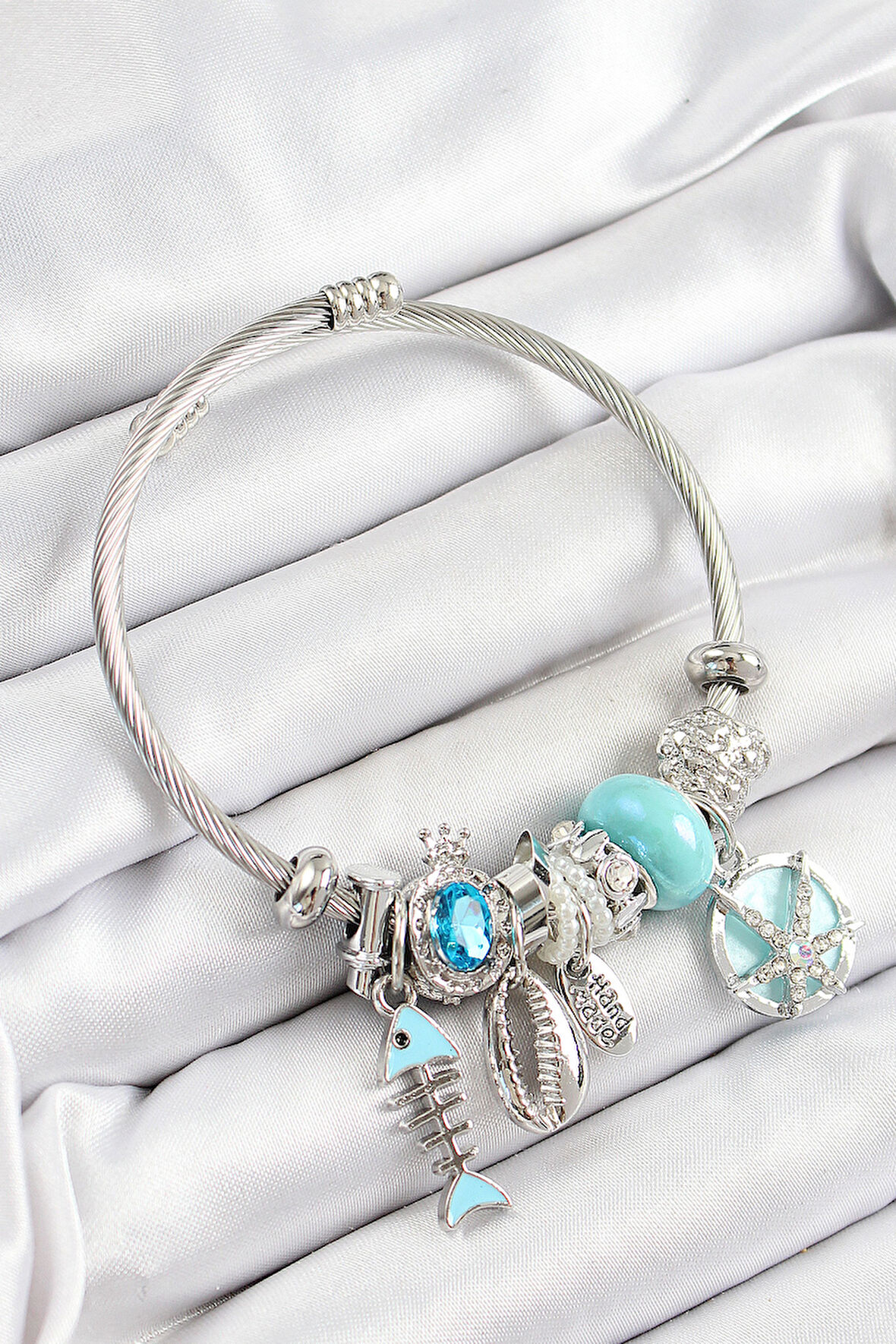 316L Çelik Mavi Zirkon Taşlı Balık Deniz Kabuğu Ve Deniz Yıldızı Model Gümüş Renk Charm Bileklik