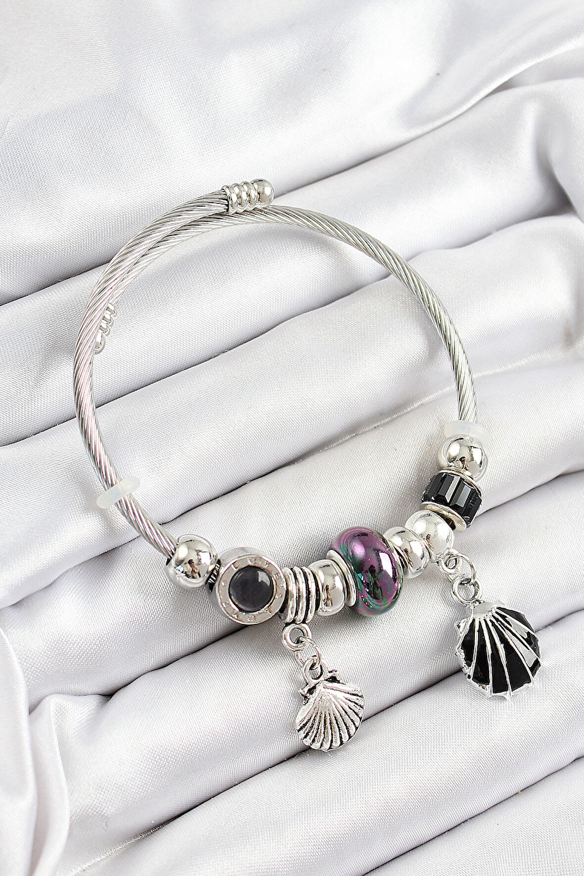 316L Çelik Siyah İstiridye Model Gümüş Renk Charm Bileklik