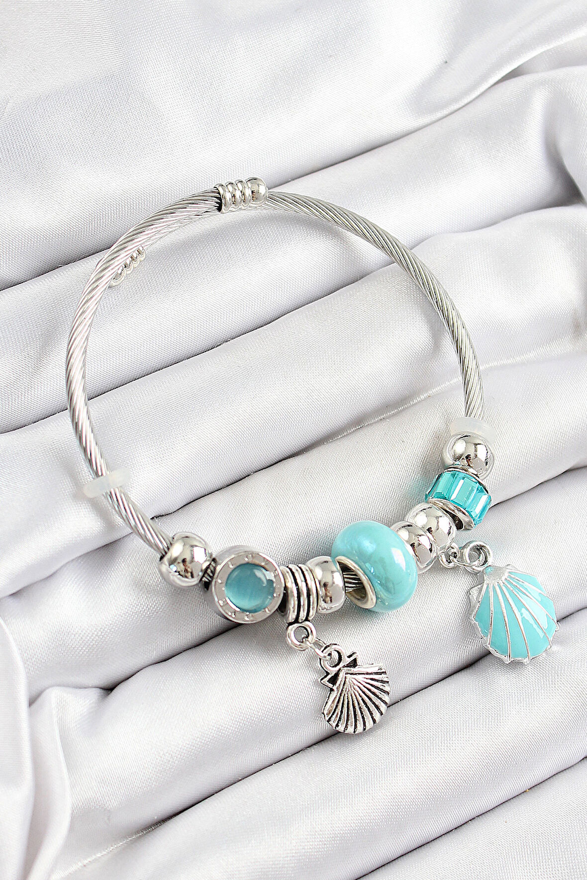 316L Çelik Mavi İstiridye Model Gümüş Renk Charm Bileklik