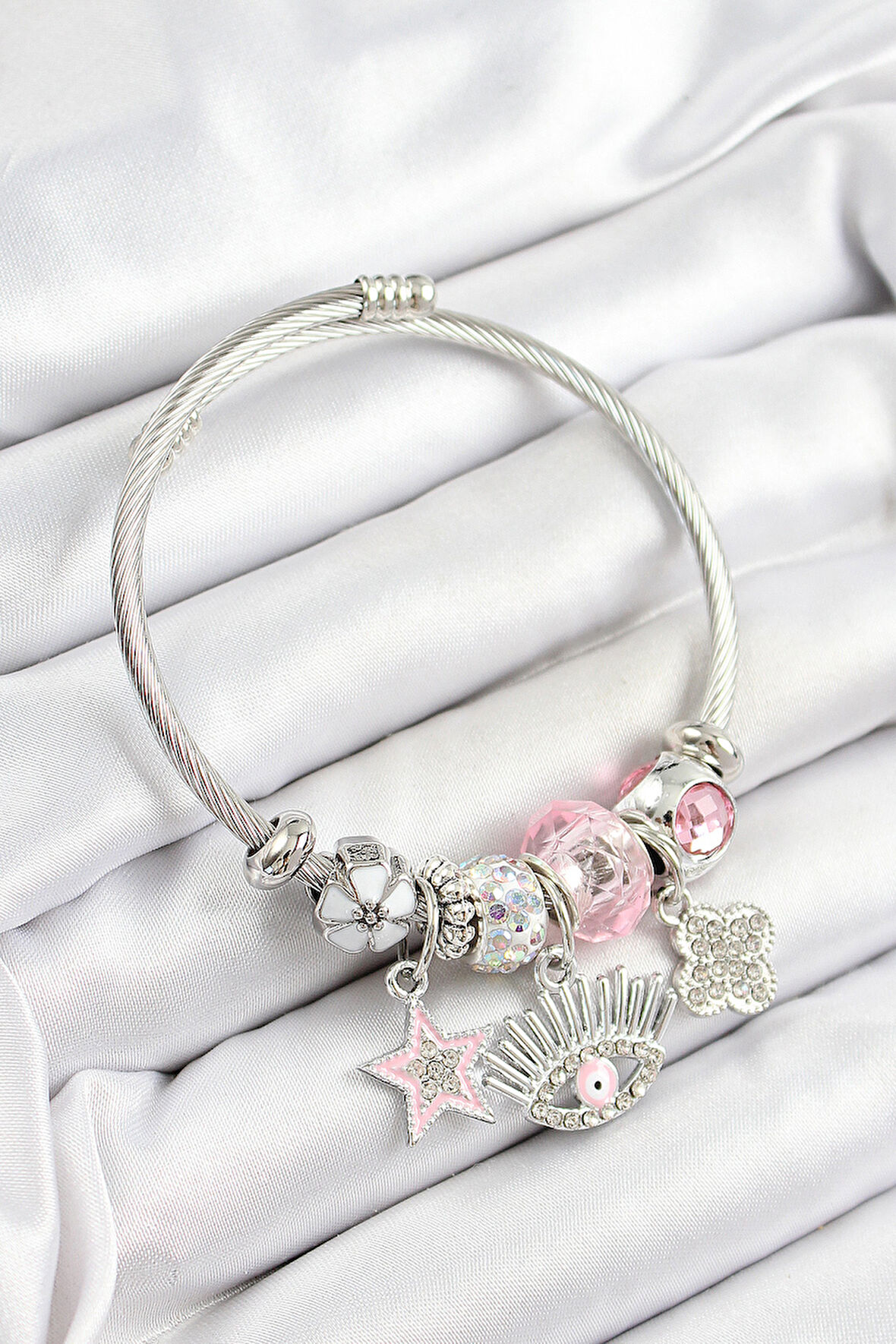 316L Çelik Pembe Zirkon Taşlı Yıldız Göz Ve Yonca Model Gümüş Renk Charm Bileklik