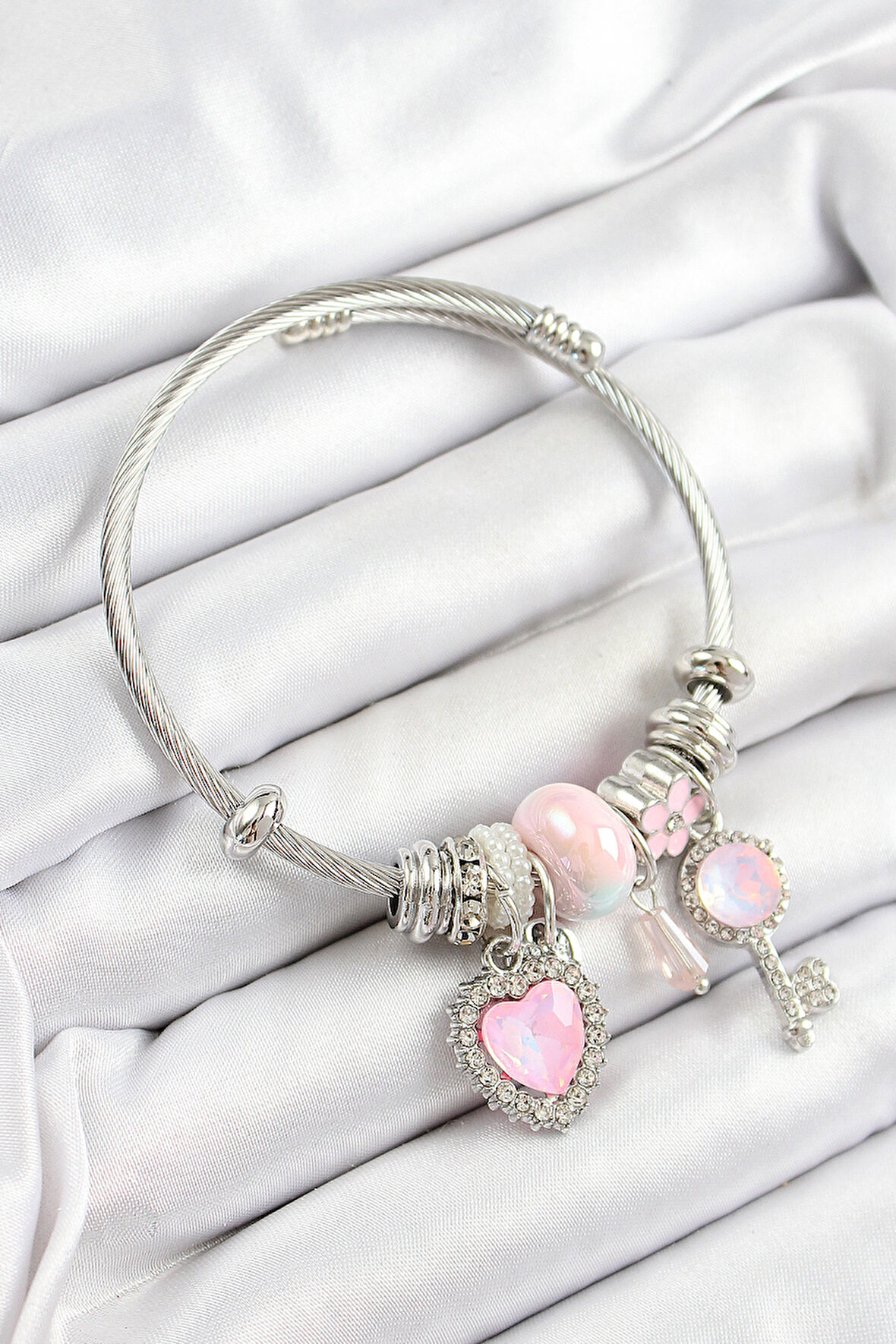 316L Çelik Pembe Zirkon Taşlı Yıldız Anahtar Ve Kalp Model Gümüş Renk Charm Bileklik
