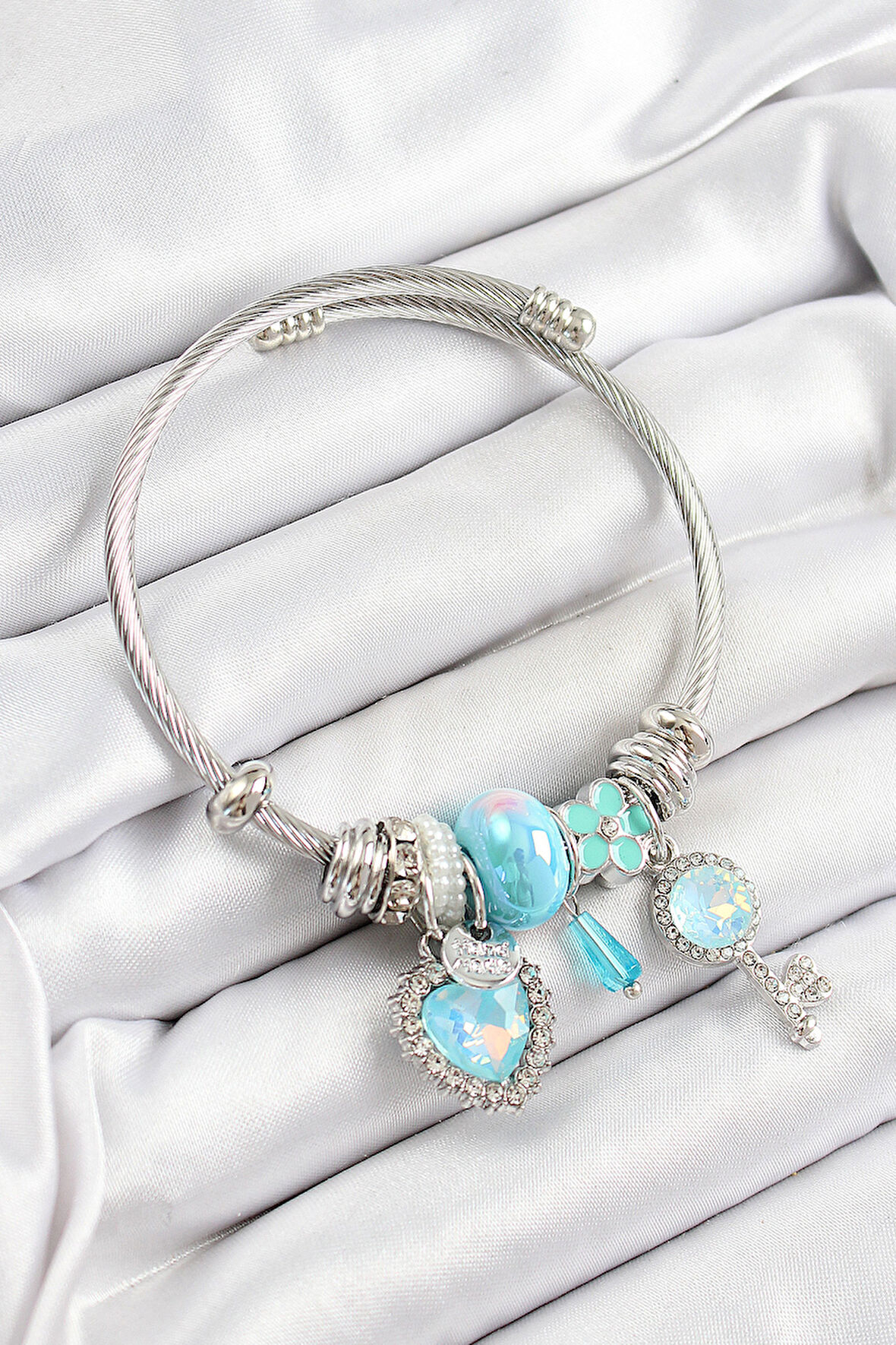 316L Çelik Mavi Zirkon Taşlı Yıldız Anahtar Ve Kalp Model Gümüş Renk Charm Bileklik