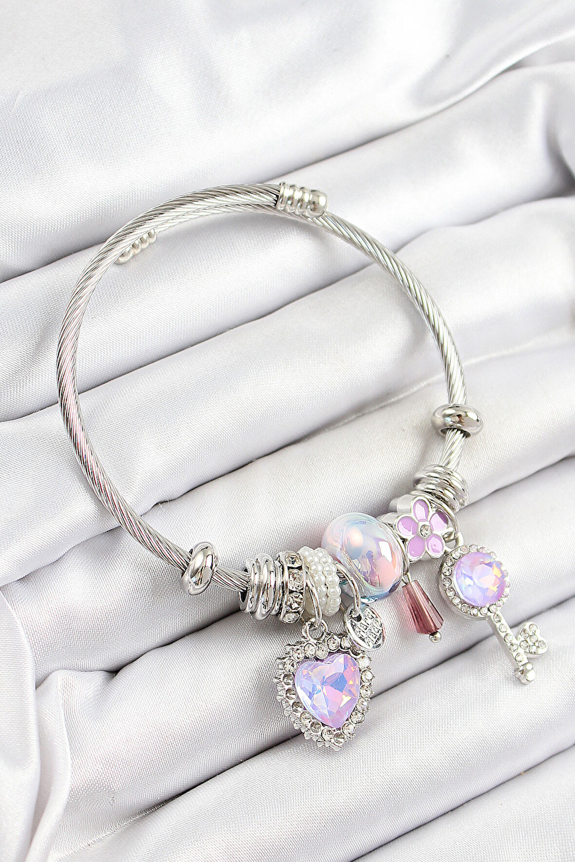 316L Çelik Pembe Zirkon Taşlı Yıldız Anahtar Ve Kalp Model Gümüş Renk Charm Bileklik