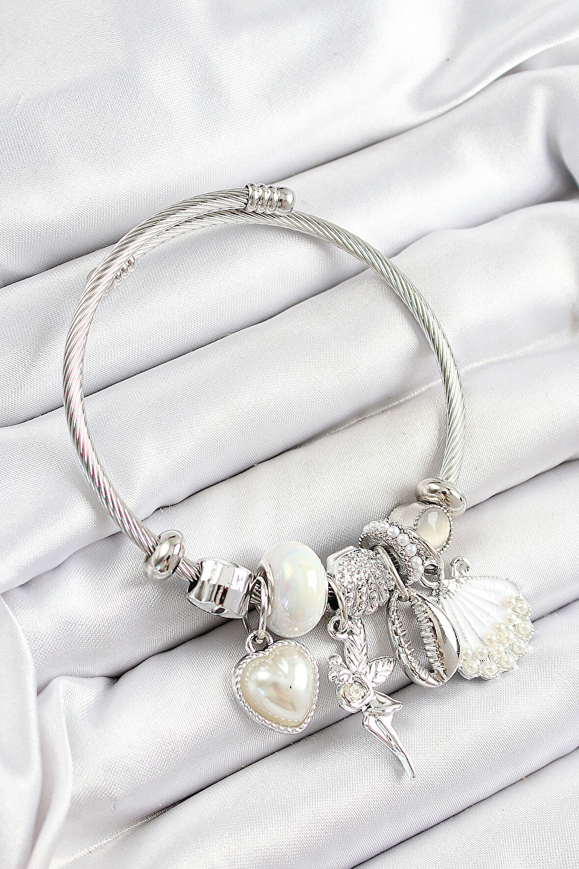 316L Çelik Beyaz Zirkon Taşlı Yıldız Melek İstiridye Ve Kalp Model Gümüş Renk Charm Bileklik