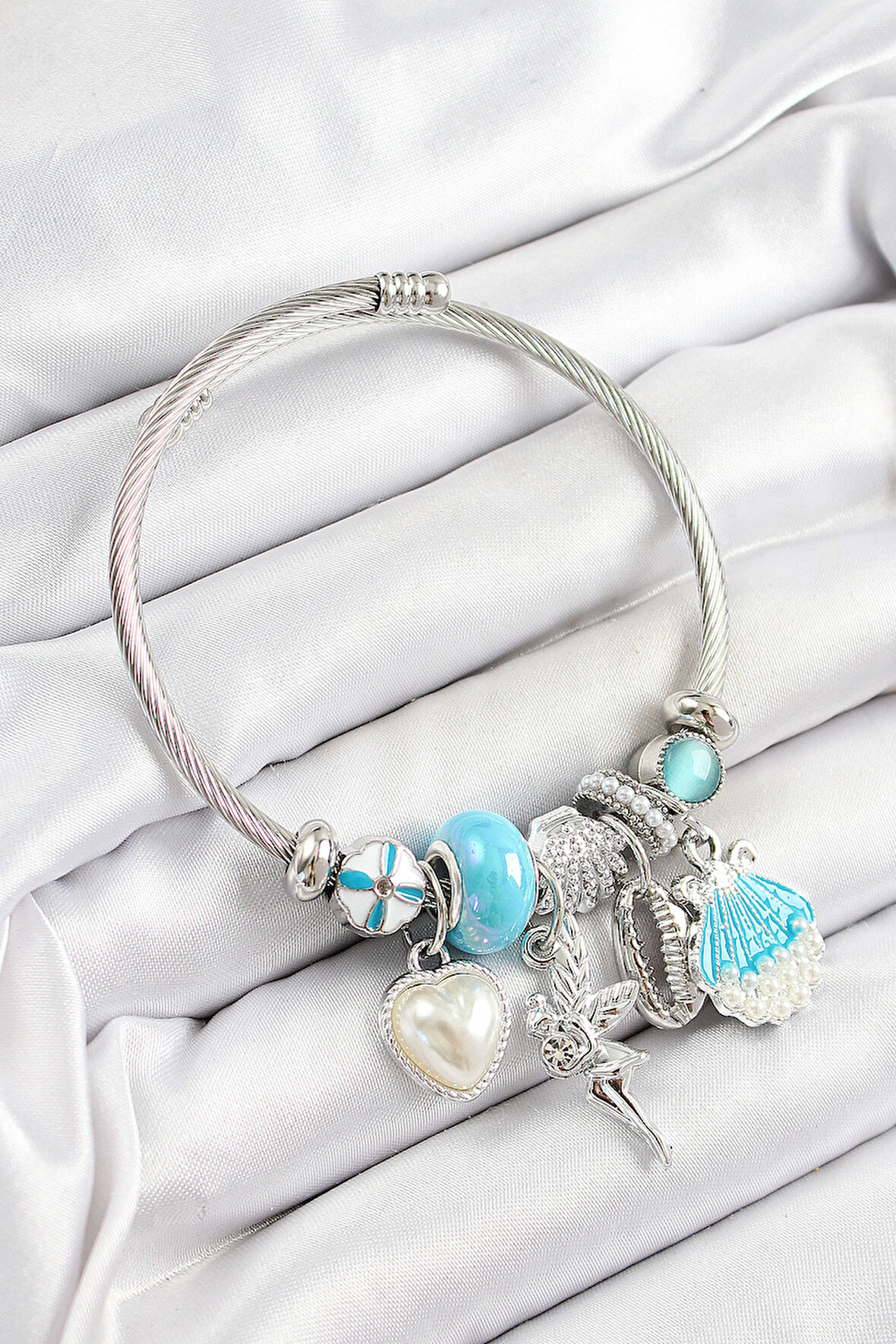 316L Çelik Mavi Zirkon Taşlı Yıldız Melek İstiridye Ve Kalp Model Gümüş Renk Charm Bileklik