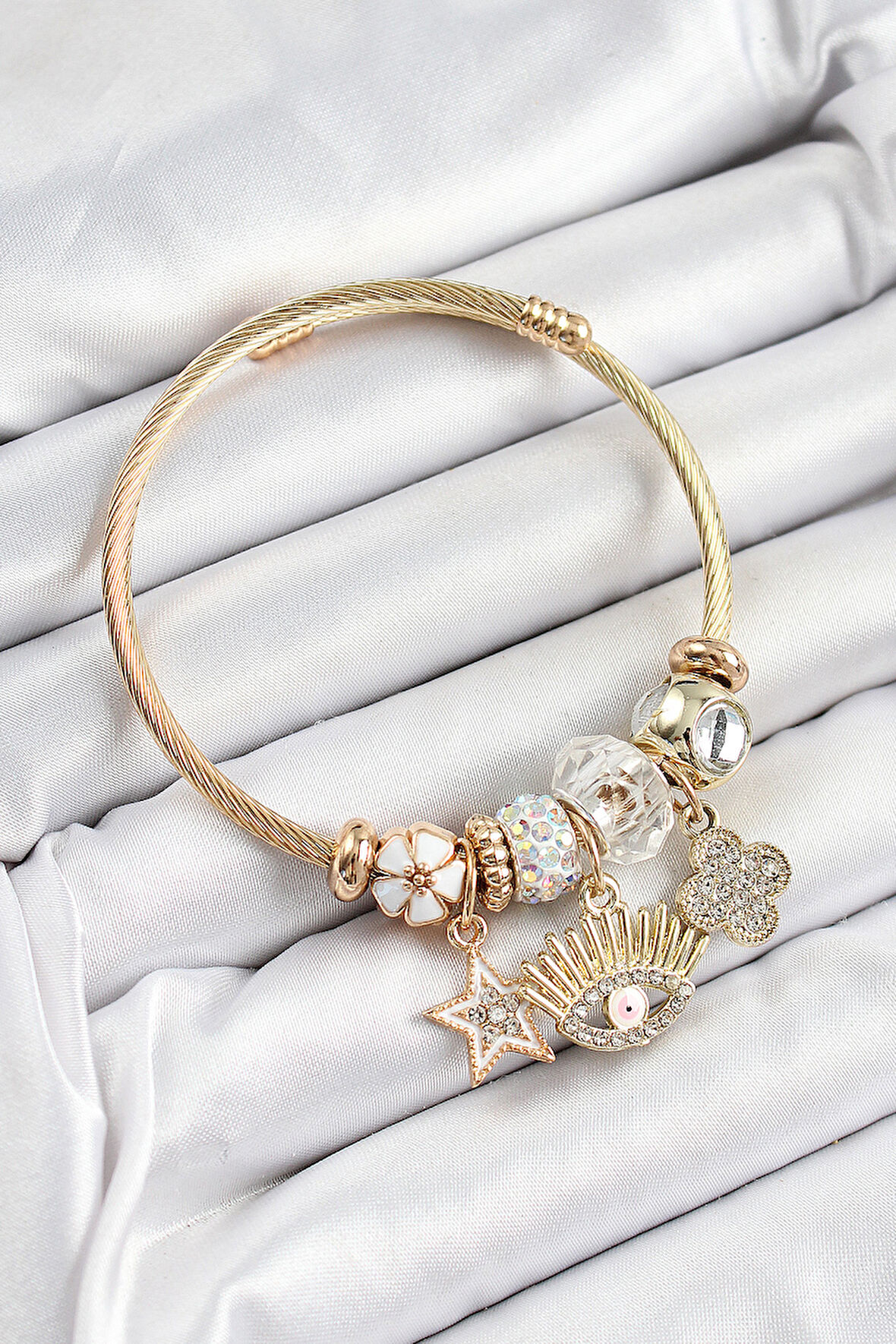 316L Çelik Beyaz Zirkon Taşlı Yıldız Göz Ve Yonca Model Gold Renk Charm Bileklik