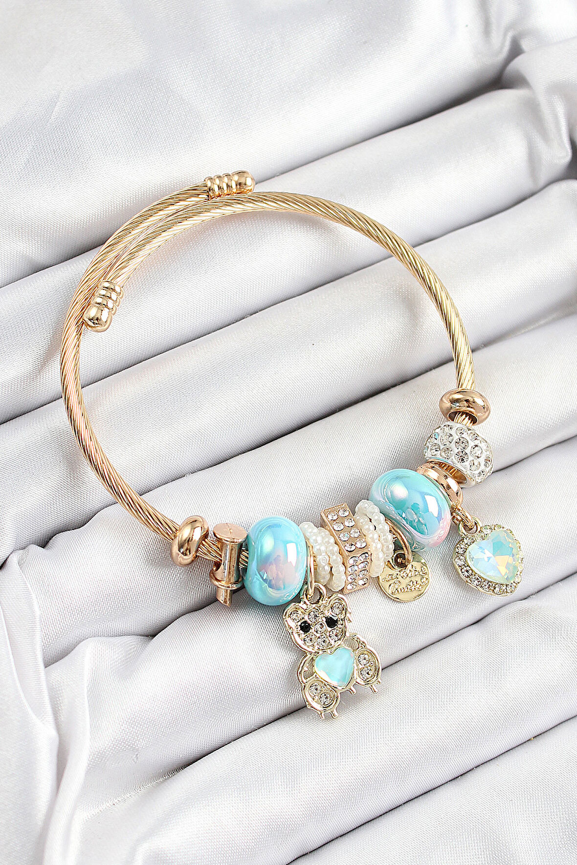 316L Çelik Mavi Zirkon Taşlı Ayıcık Ve Kalp Model Gold Renk Charm Bileklik