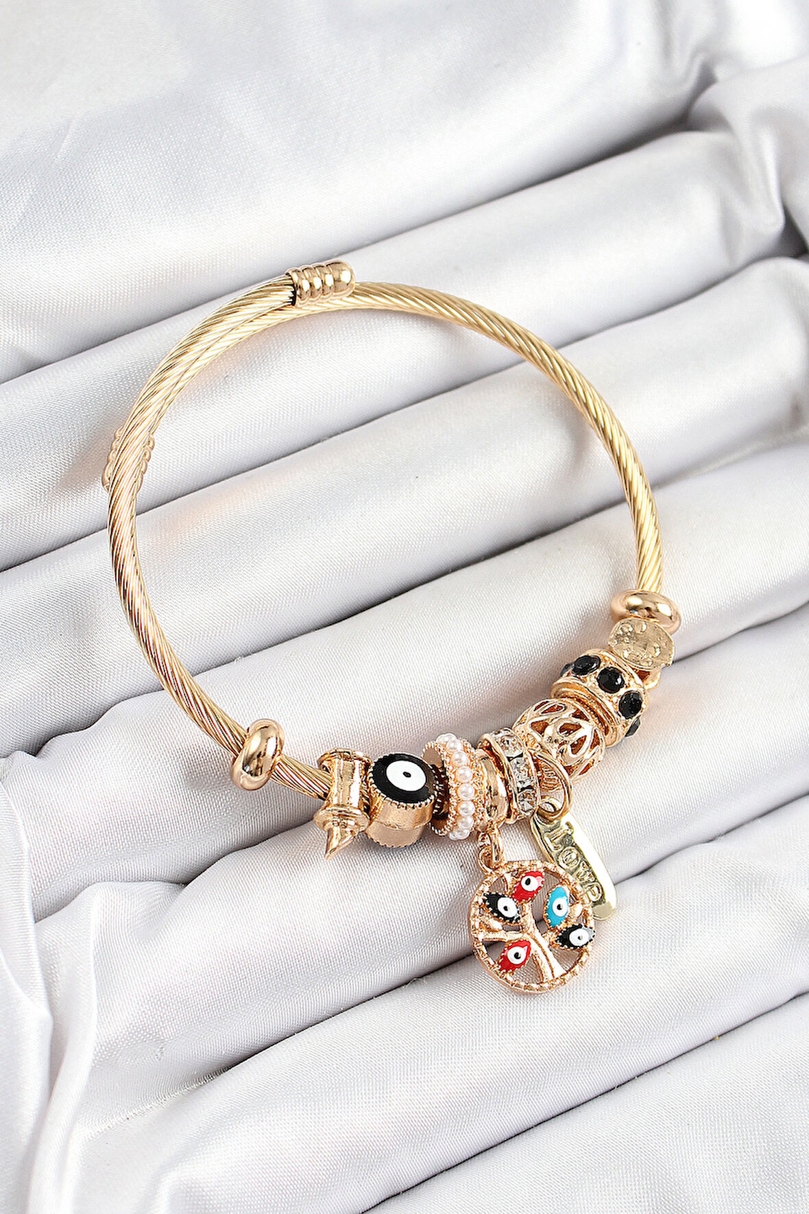 316L Çelik Siyah Nazarlı Zirkon Taşlı İnci Detaylı Hayat Ağacı Model Gold Renk Charm Bileklik