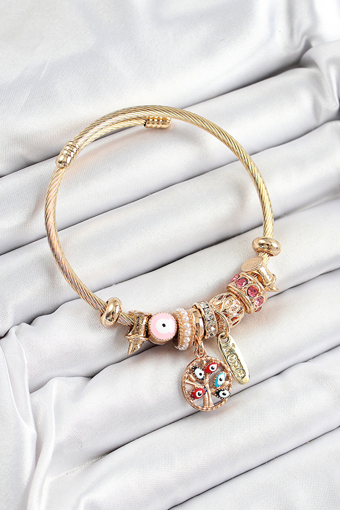 316L Çelik Pembe Nazarlı Zirkon Taşlı İnci Detaylı Hayat Ağacı Model Gold Renk Charm Bileklik