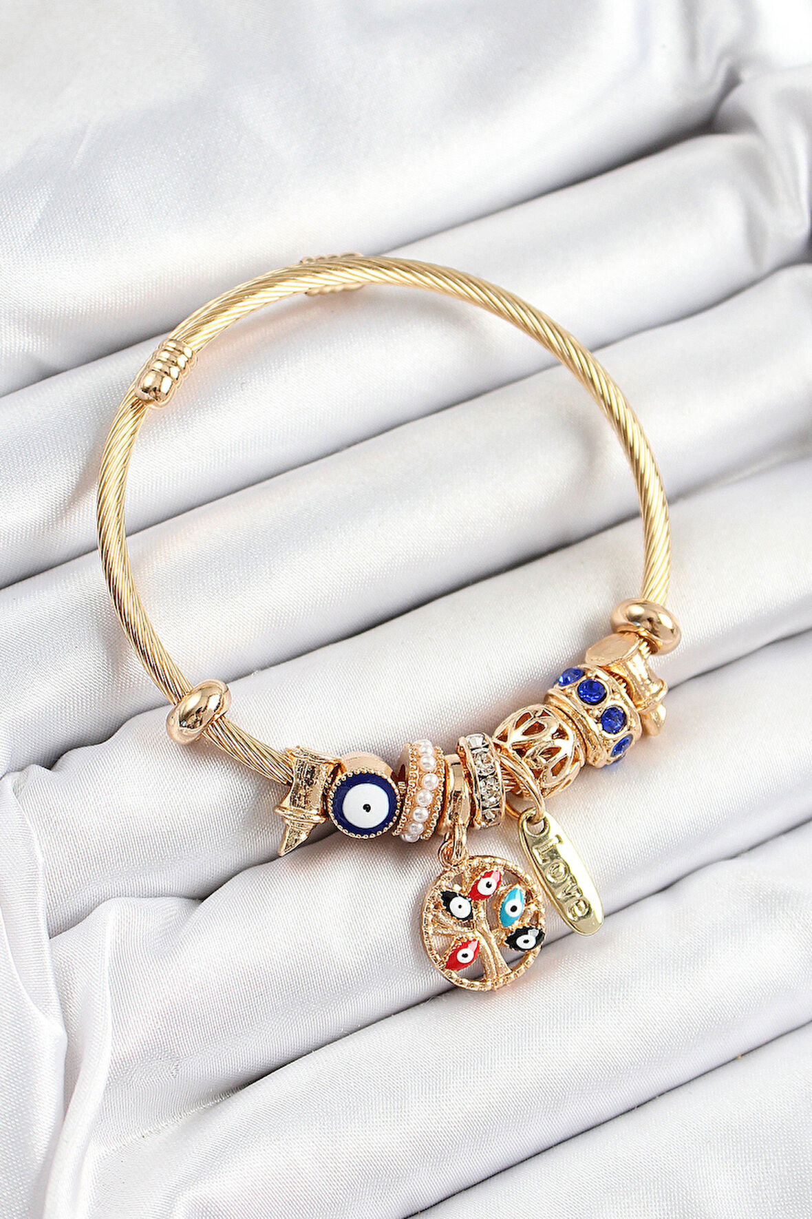 316L Çelik Lacivert Nazarlı Zirkon Taşlı İnci Detaylı Hayat Ağacı Model Gold Renk Charm Bileklik