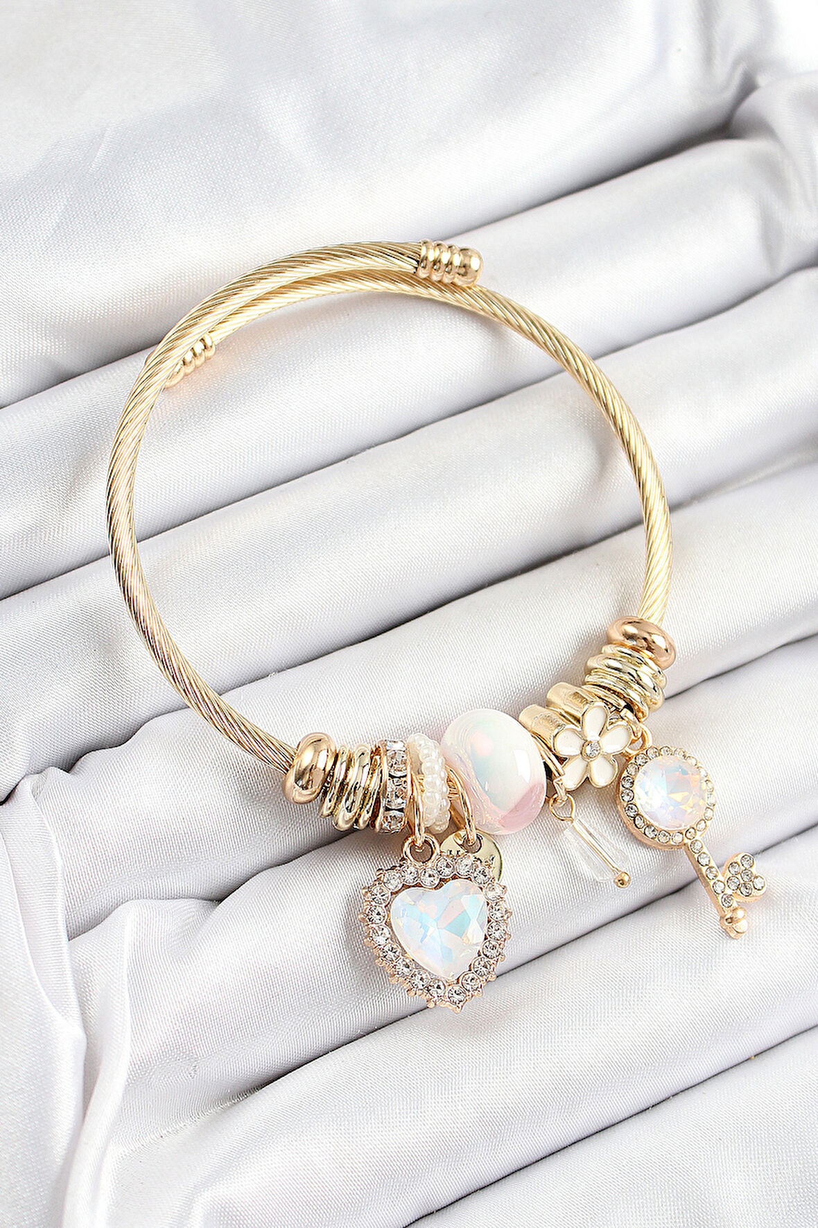 316L Çelik Beyaz Zirkon Taşlı Anahtar Ve Kalp Model Gold Renk Charm Bileklik