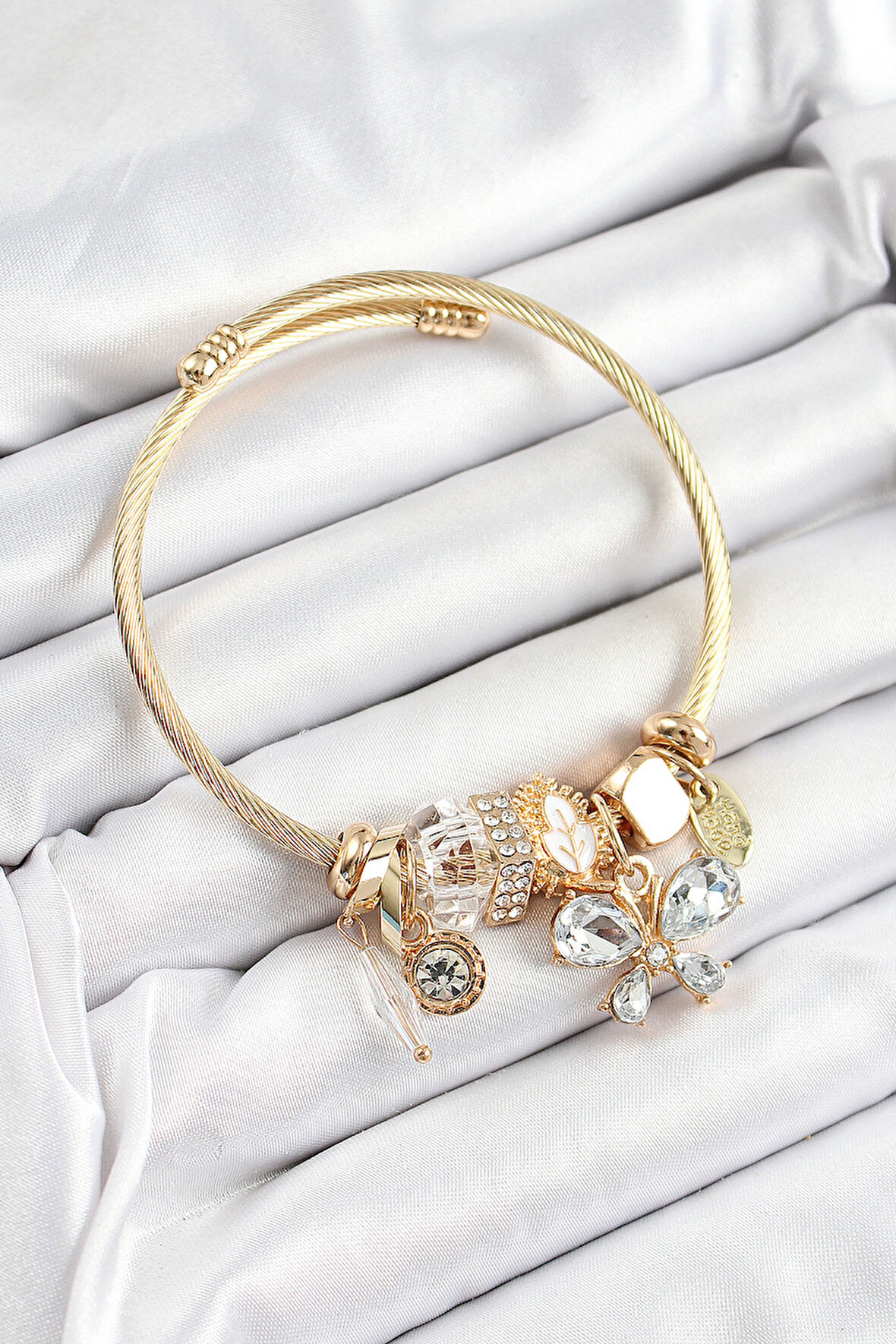 316L Çelik Beyaz Zirkon Taşlı Kelebek Model Gold Renk Charm Bileklik