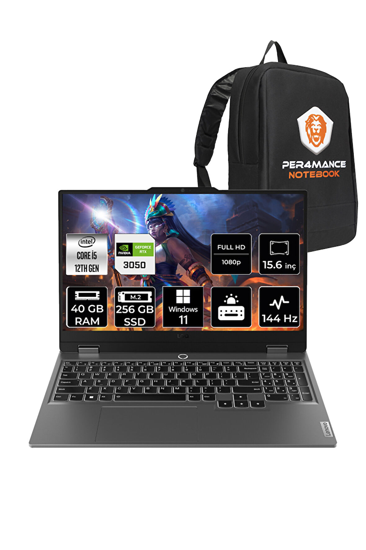 Lenovo LOQ i5 12450HX 40GB 256GB SSD RTX3050/6GB 95W 144Hz FHD 15.6" W11P Gaming Laptop & PER4 ÇANTA
