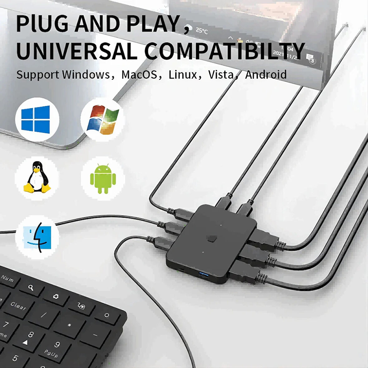 Acasis 2 in 1 KVM Switch, 4K/2K 60Hz Çıkış, 1xHDMI Out / 2x HDMI In, 3xUSB 3.0 In / 1xUSB3.0 OUT, Tek Tuş ile Kolay Değişim