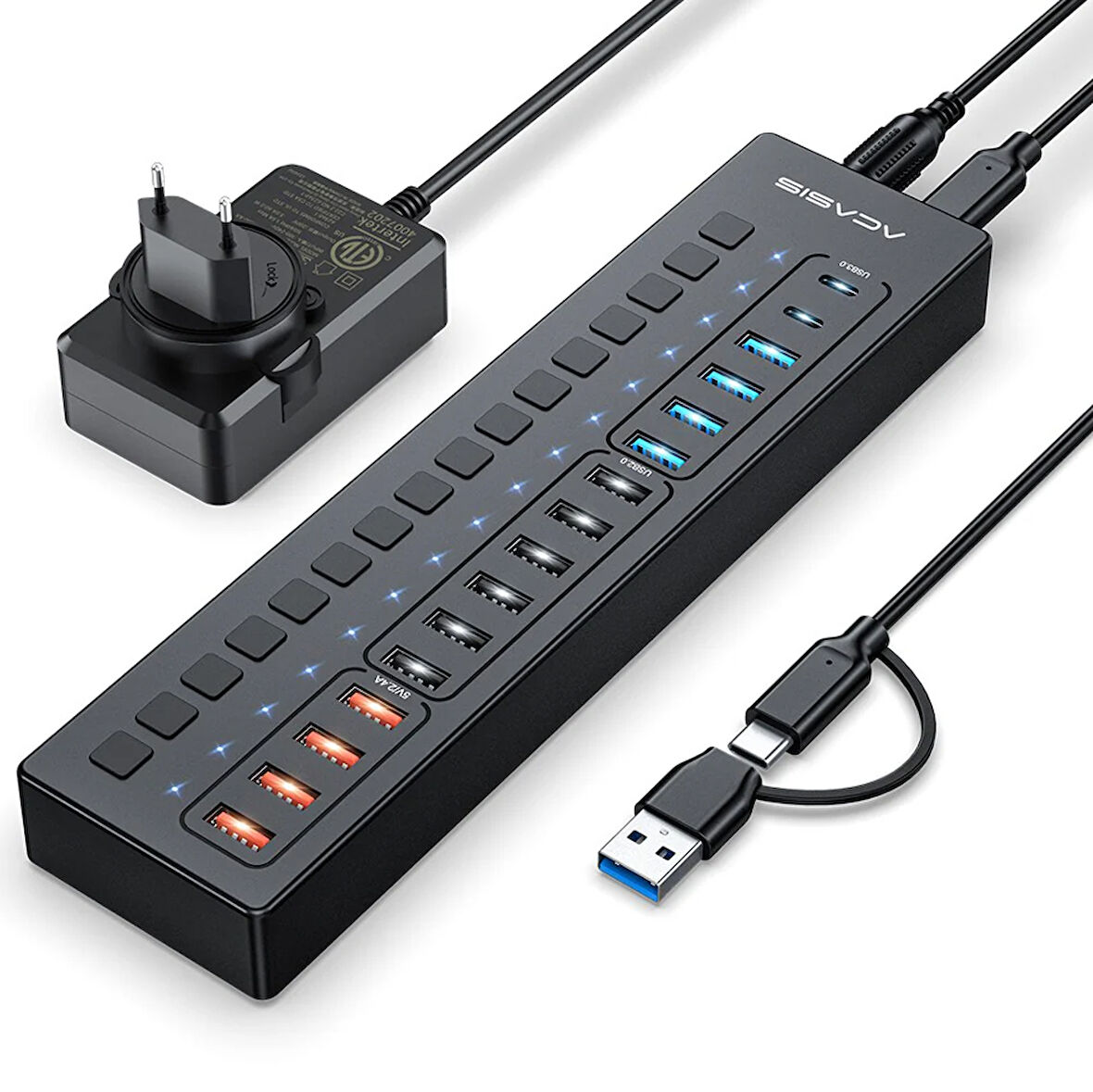 Acasis DS516PB - 16 Port 5Gbps USB-A 3.0, USB 2.0, Type-C 3.0, Akıllı Şarj Portu, Alüminyum Kasa, 60W Güç Adaptörlü, LED Işıklı, USB / Type-C Çoklayıcı , Akıllı Şarj HUB (DS-516PB)