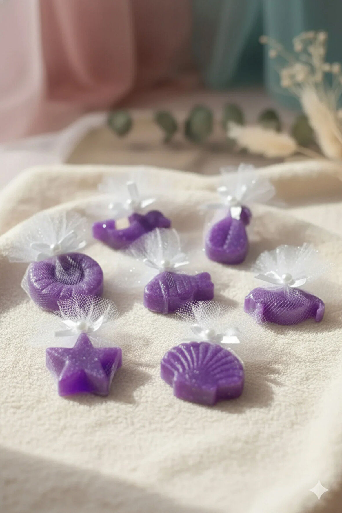 Deniz Temalı Kokulu Mor Renk Sabun Seti -Tül Ve İnci Süslemeli 7'li Set