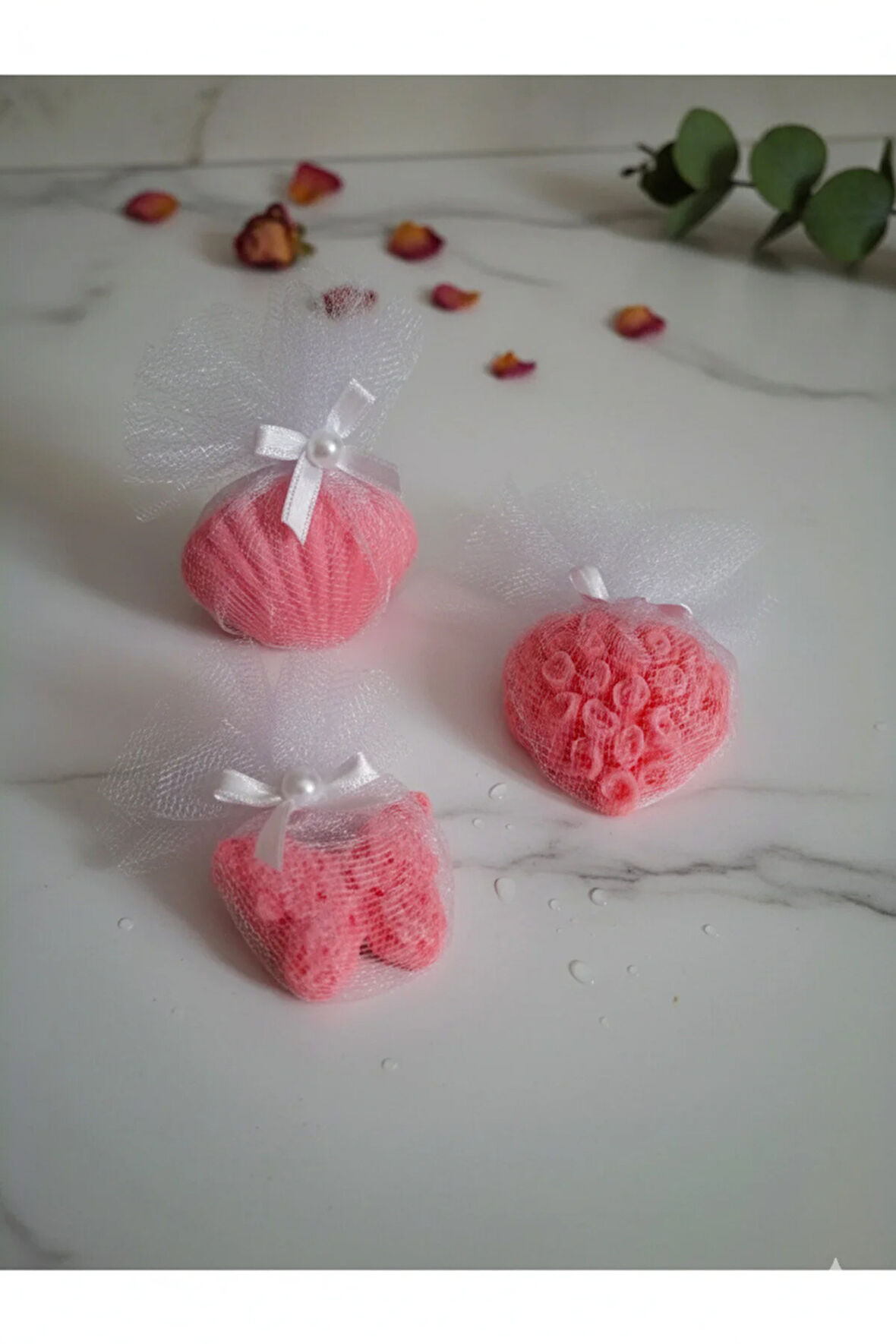 Tül Ve İnci Süslemeli Gül Pembe Renk Kokulu 3'lü Set Sabunlar - Romantik, Şık Ve Dekoratif