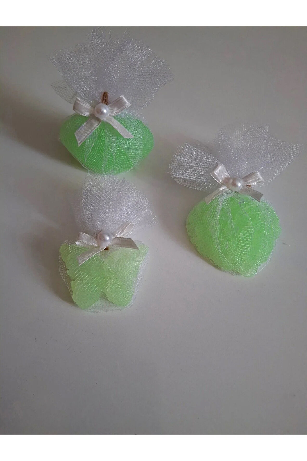 Tül Ve İnci Süslemeli Yeşil Renk Kokulu 3'lü Set Sabunlar - Romantik, Şık Ve Dekoratif