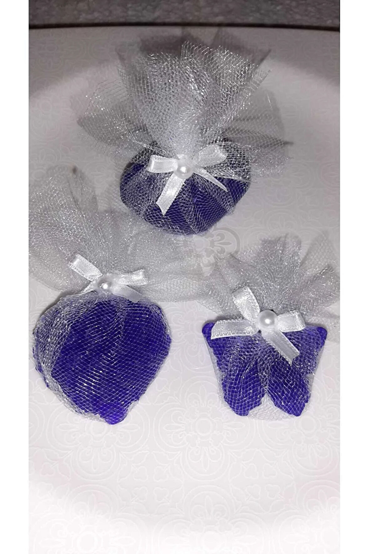 Tül Ve İnci Süslemeli Mor Renk Kokulu 3'lü Set Sabunlar - Romantik, Şık Ve Dekoratif