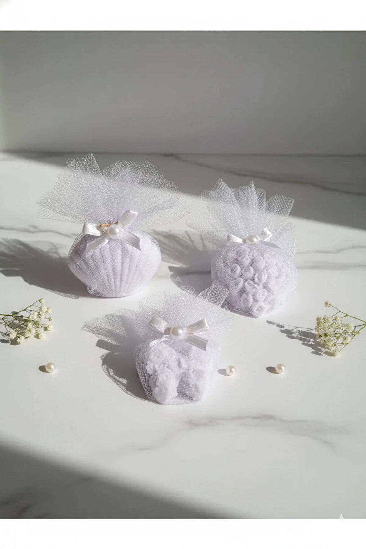 Tül Ve İnci Süslemeli Lila Renk Kokulu 3'lü Set Sabunlar - Romantik, Şık Ve Dekoratif