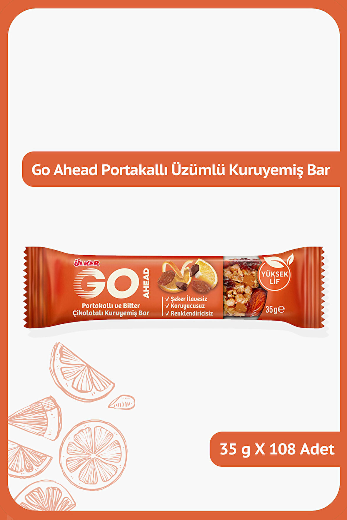 GO AHEAD Portakallı, Üzümlü ve Bitter Çikolatalı Kuruyemiş Bar - 35 gram - 108 Adet