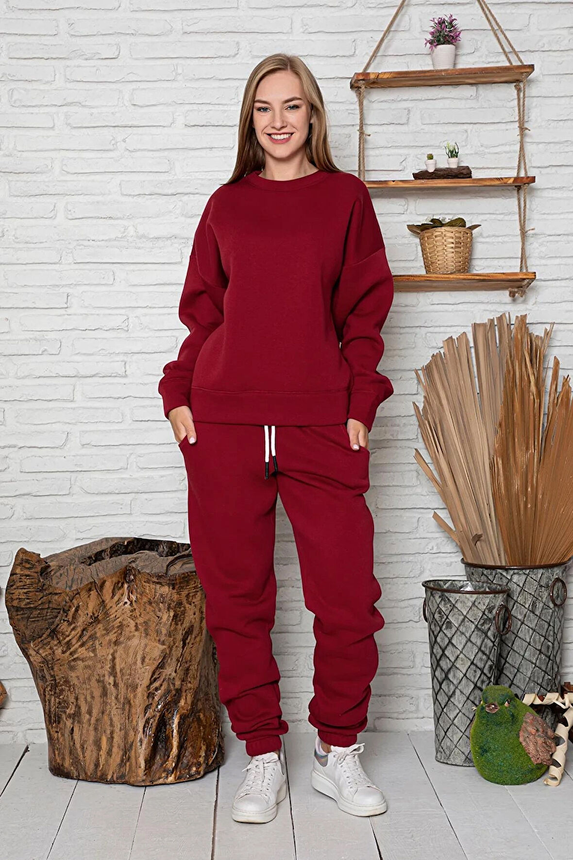 Bordo Kadın 2 Iplik Sweatshirt Kapüşonsuz Takım