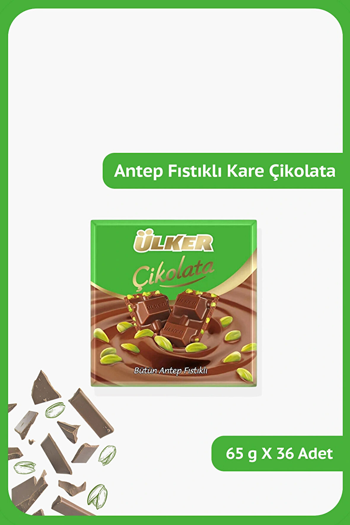 ÜLKER Antep Fıstıklı Sütlü Kare Çikolata - 65 gram - 36 Adet