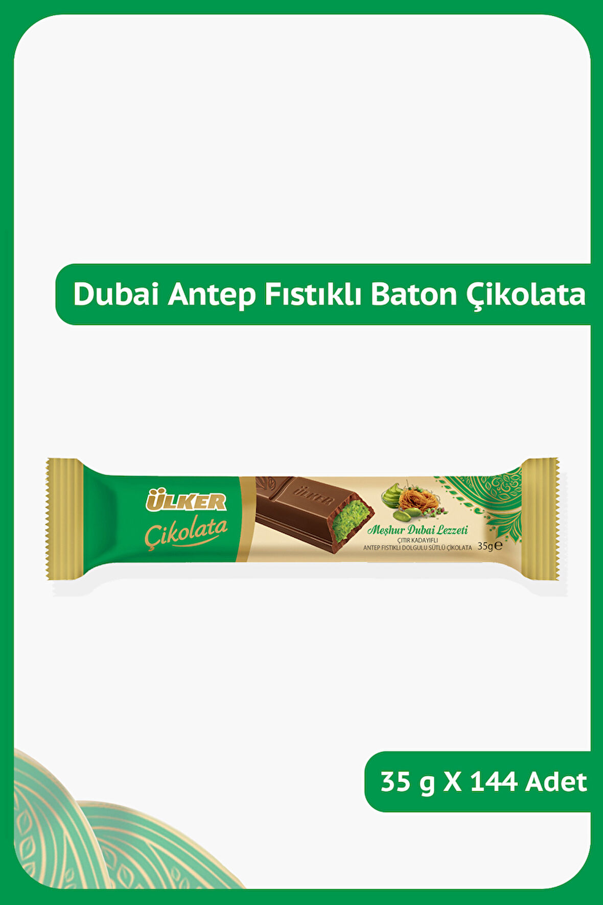 DUBAİ - Antep Fıstıklı Çıtır Kadayıflı Sütlü Çikolata - 35 gram - 144 Adet