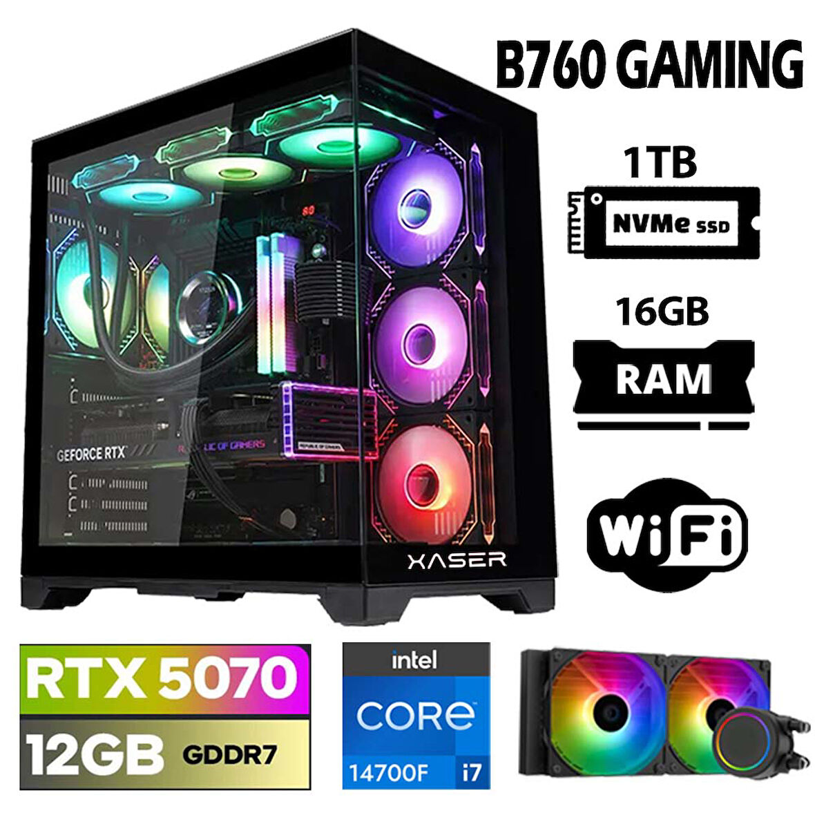 Xaser Lexus x200 i7 14700F 16GB DDR5 Ram 1TB M.2 NVMe SSD 12GB RTX5070 Sıvı Soğutmalı Oyuncu Bilgisayarı