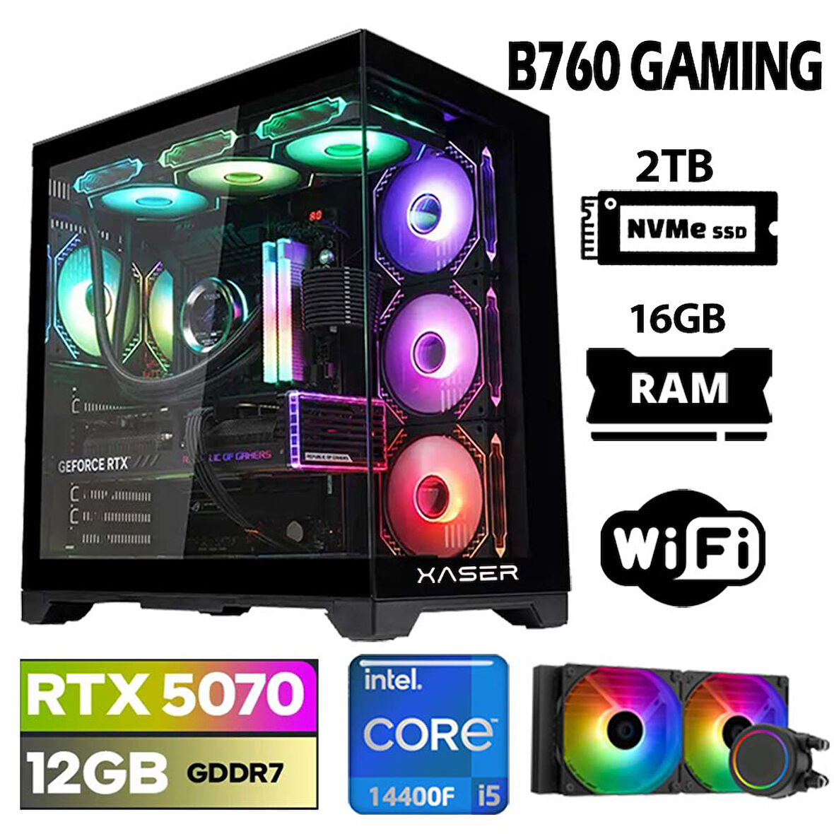 Xaser Lexus x180 i5 14400F 16GB DDR5 Ram 2TB M.2 NVMe SSD 12GB RTX5070 Sıvı Soğutmalı Oyuncu Bilgisayarı