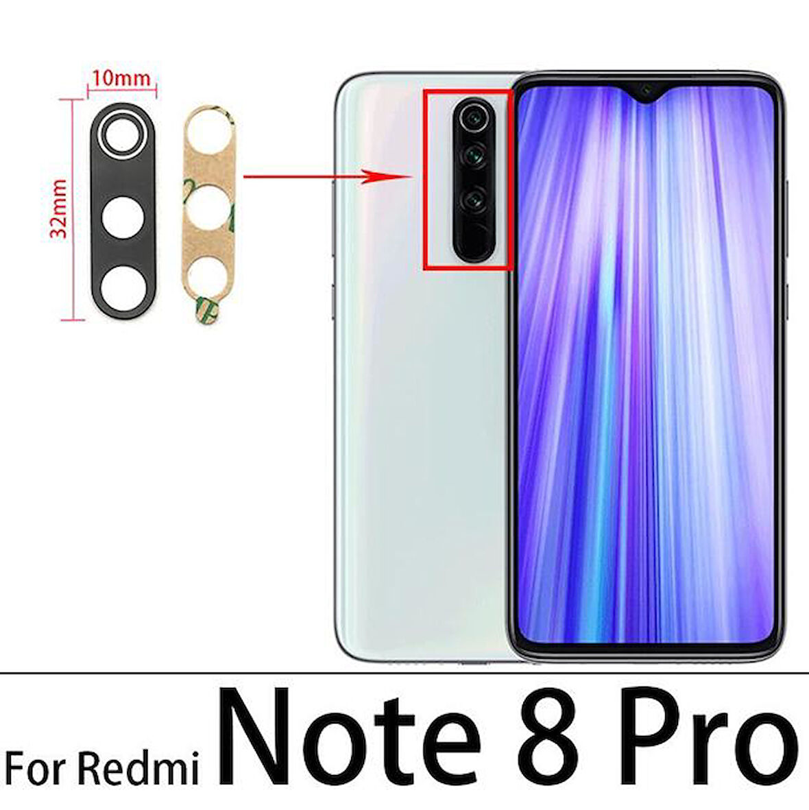 Tkgz Xiaomi Redmi NOTE 8 PRO Arka Kamera Camı Lens Yapışkanlı
