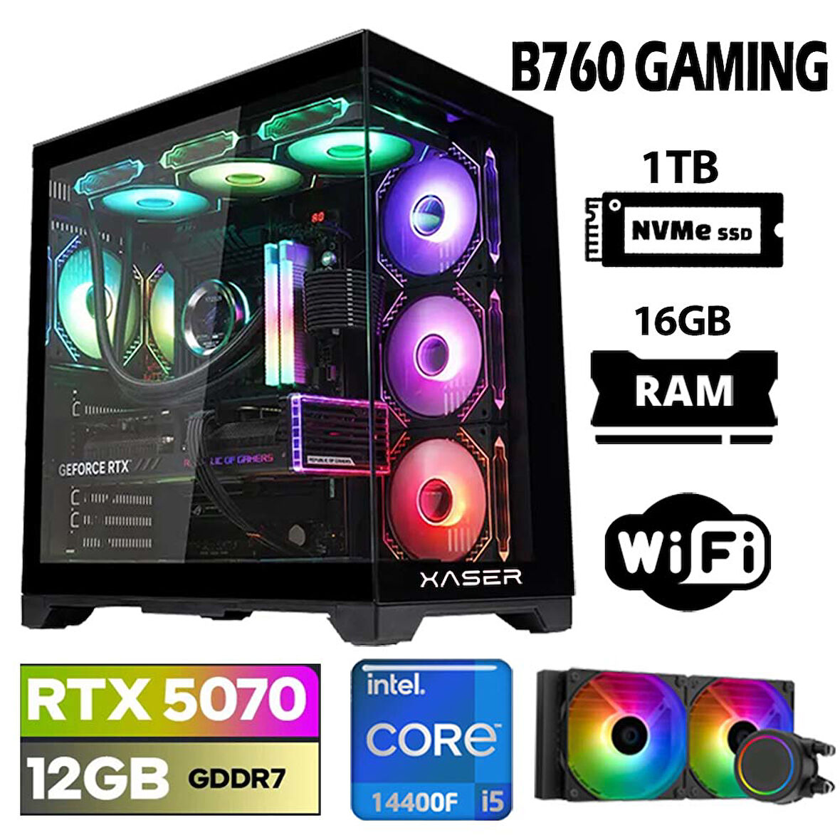 Xaser Lexus x160 i5 14400F 16GB DDR5 Ram 1TB M.2 NVMe SSD 12GB RTX5070 Sıvı Soğutmalı Oyuncu Bilgisayarı