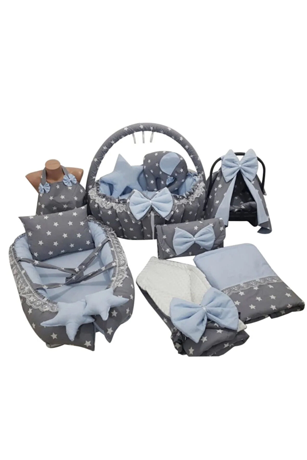 Gri Yıldız Mavi Tasarım Babynest Lüx Oyun Minderi 14 Parça Set