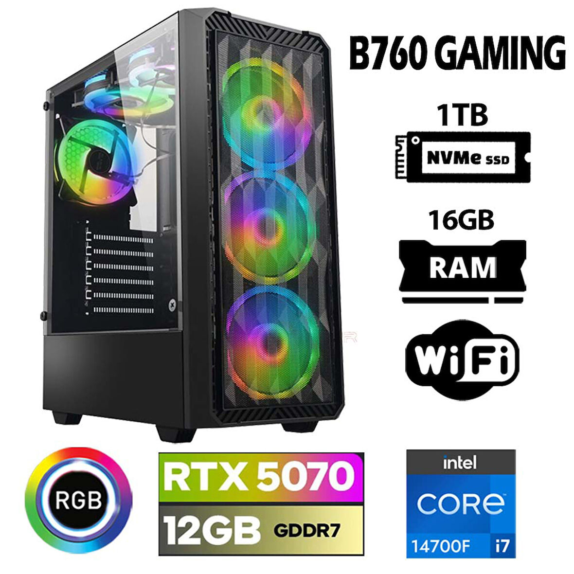 Xaser Thunder x130 i7 14700F 16GB DDR5 Ram 1TB M.2 NVMe SSD 12GB RTX5070 Masaüstü Oyuncu Bilgisayarı