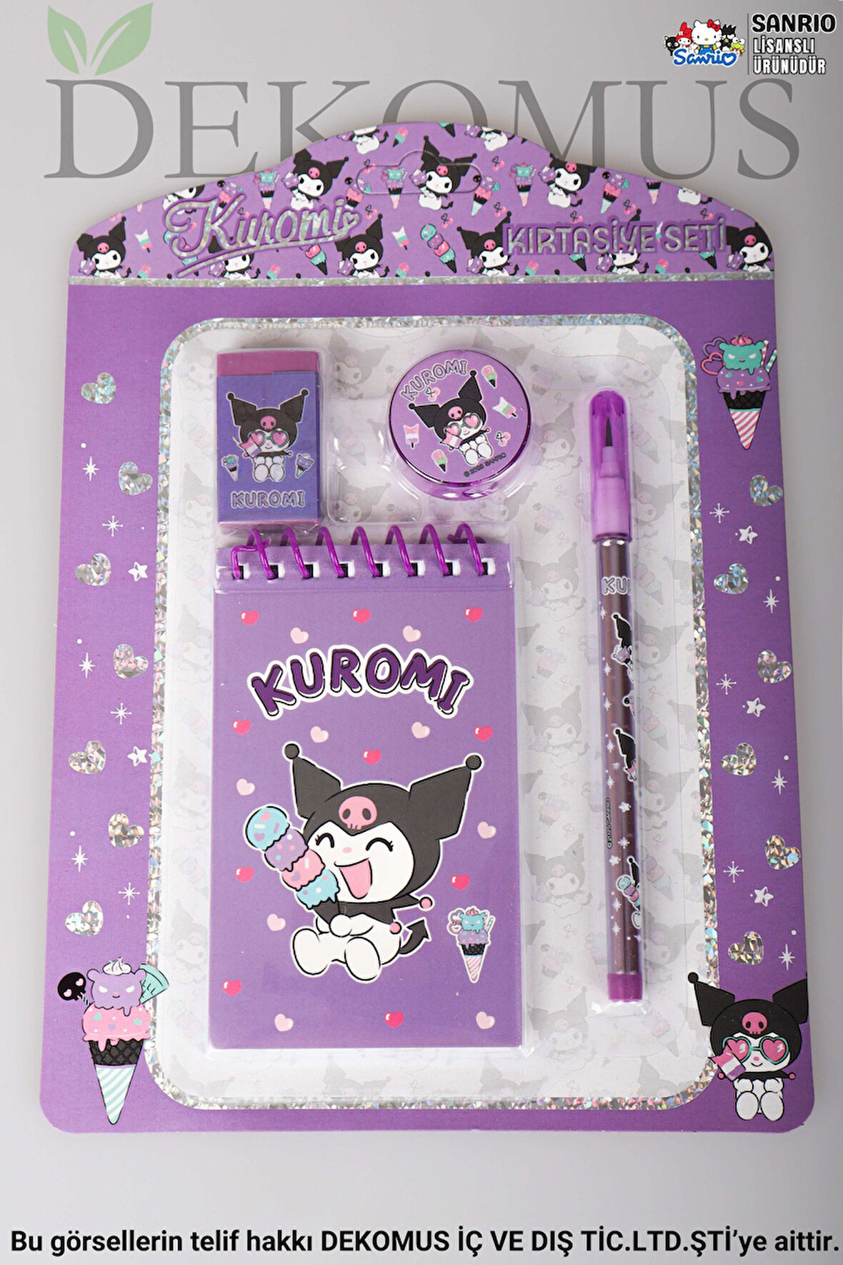  LİSANSLI KUROMI 4'LÜ KIRTASİYE SETİ NOT DEFTERİ,GEÇMELİ KURŞUN KALEM,SİLGİ VE KALEMTRAŞ