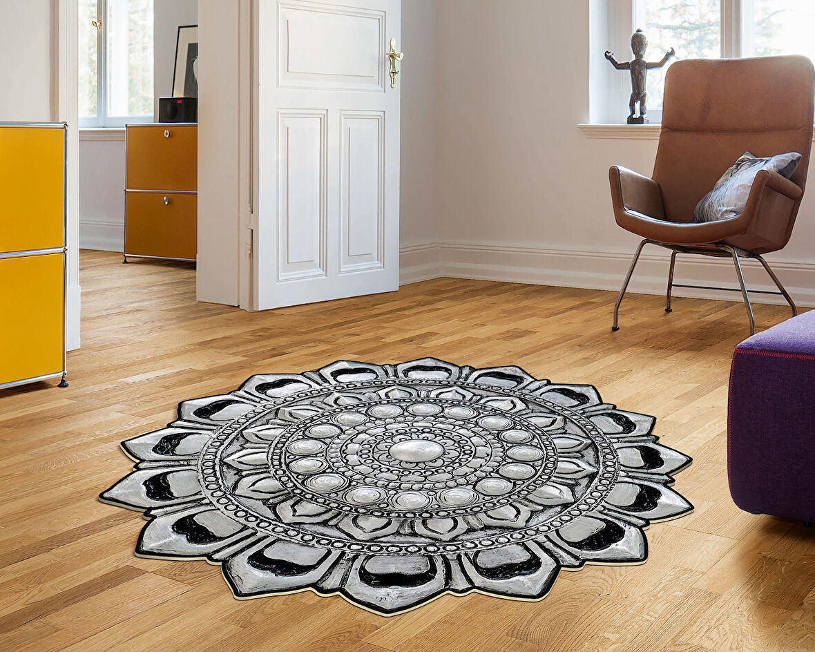 Dekoreko Figürlü Yuvarlak Özel Kesim Halı 115 Gümüş