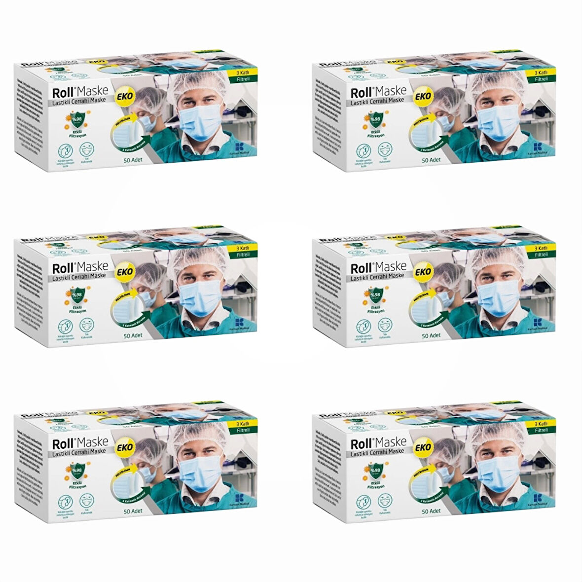 Roll EKO Cerrahi Maske Lastikli (3 Katlı) Filtreli 50'li Kutu - 6 Kutu